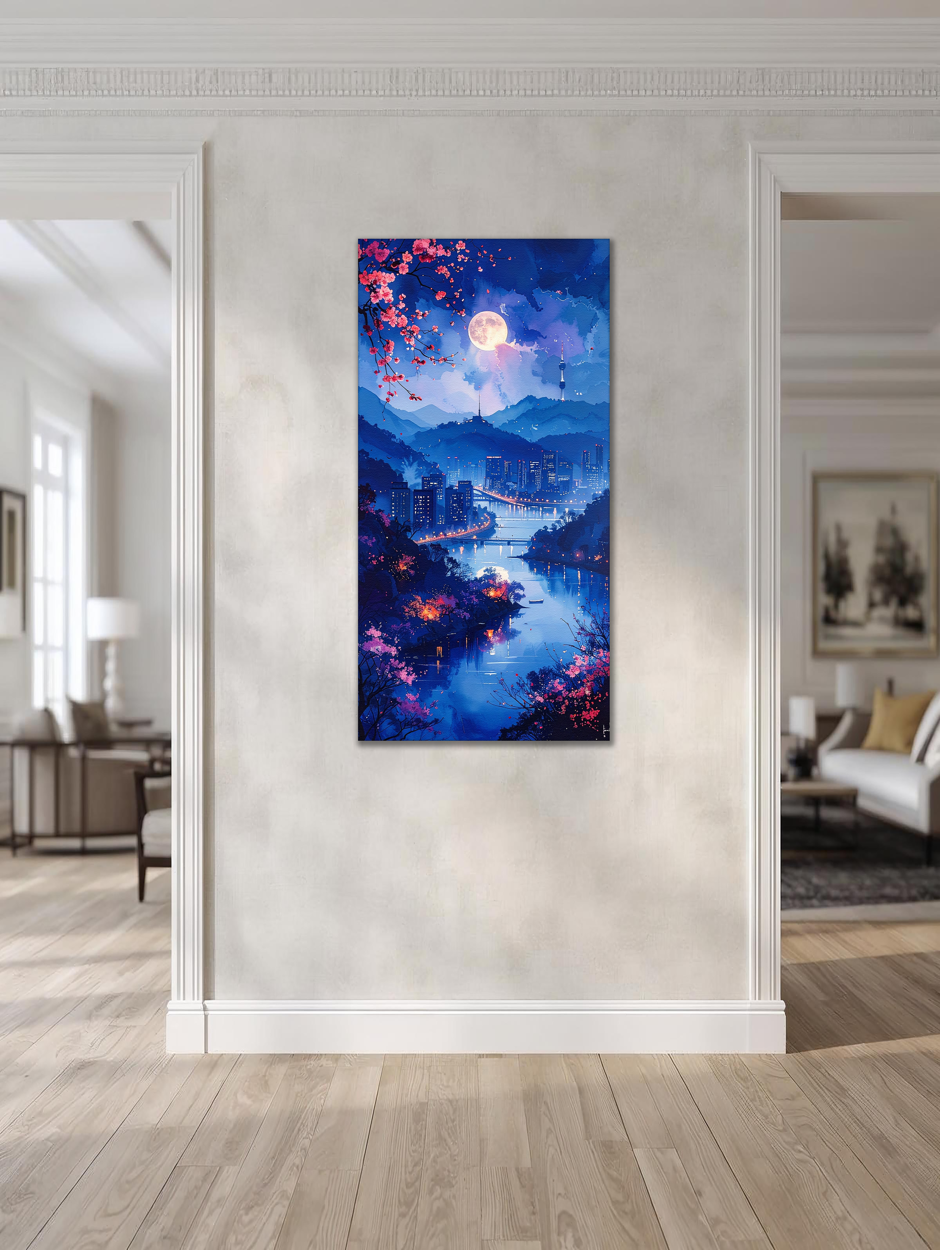 Full Moon over Seoul Nightscape (Portrait Canvas Edition)