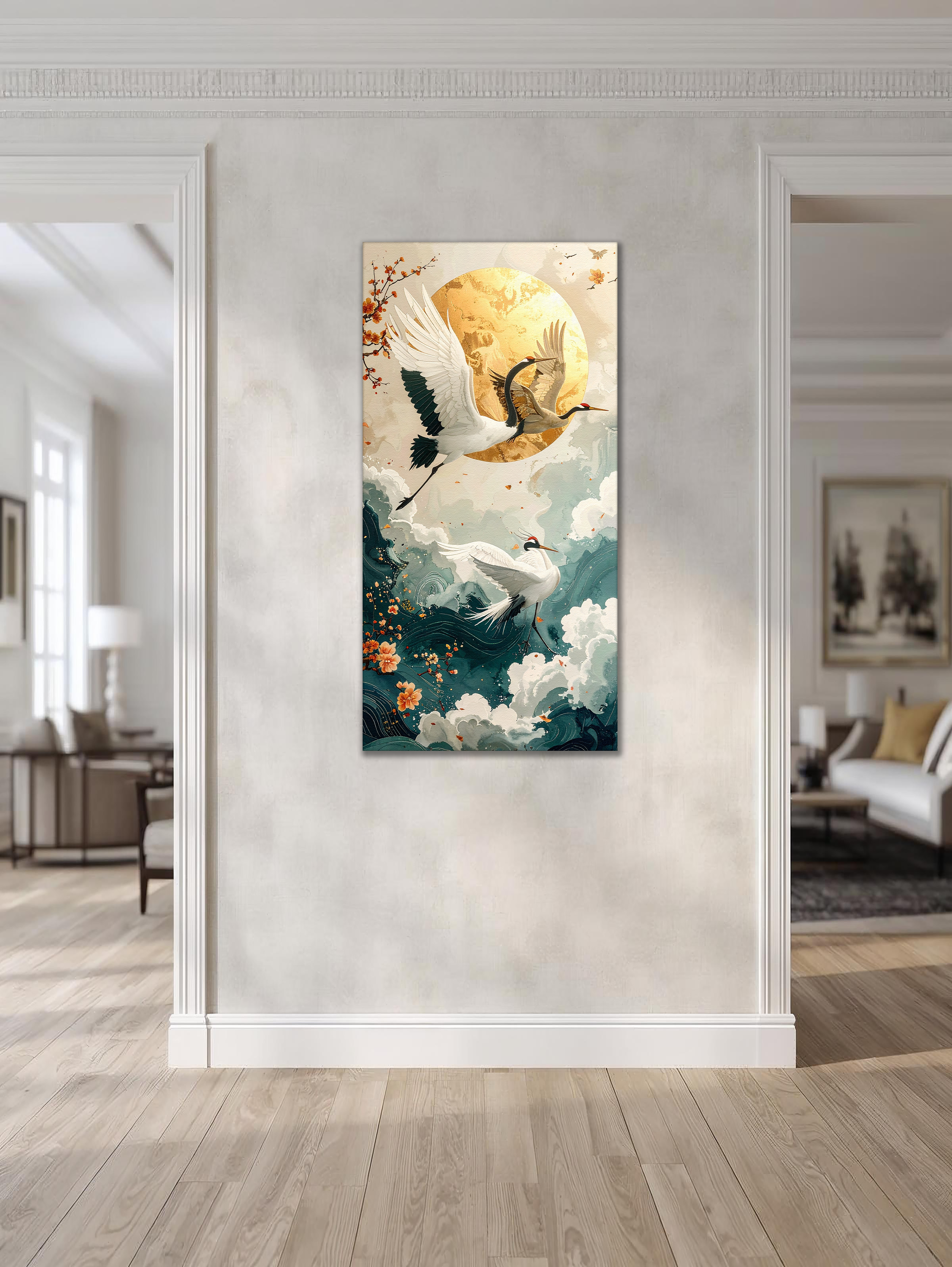Golden Moon & Soaring Cranes (Portrait Canvas Edition)