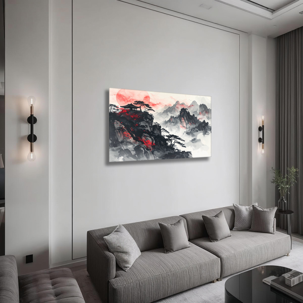Crimson Moon over Misty Peaks – Korean Mountain Landscape Canvas Art