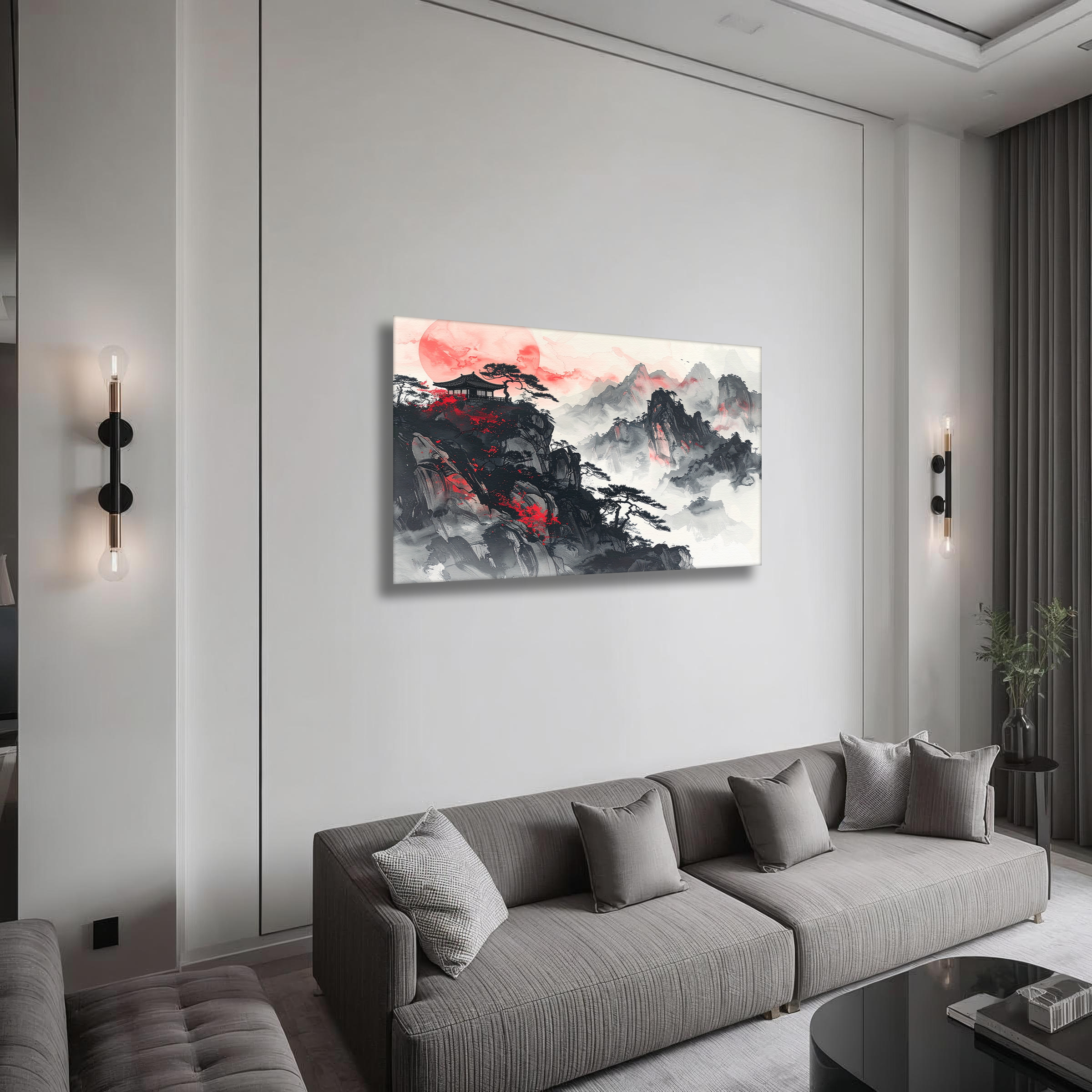 Crimson Moon over Misty Peaks – Korean Mountain Landscape Canvas Art
