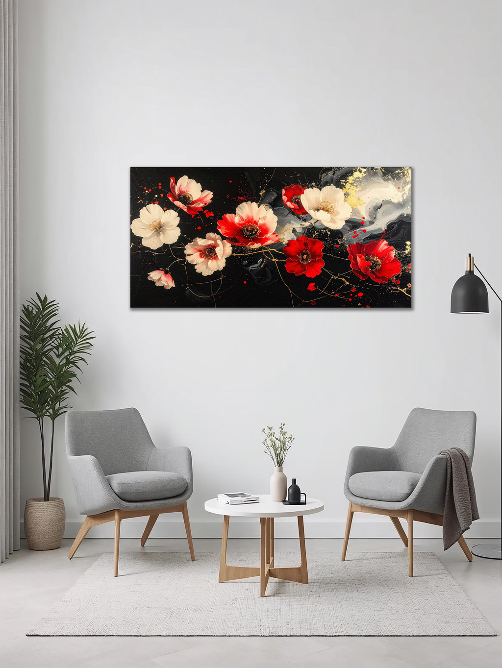 Crimson Blossoms on Black Silk (Landscape Canvas Edition)