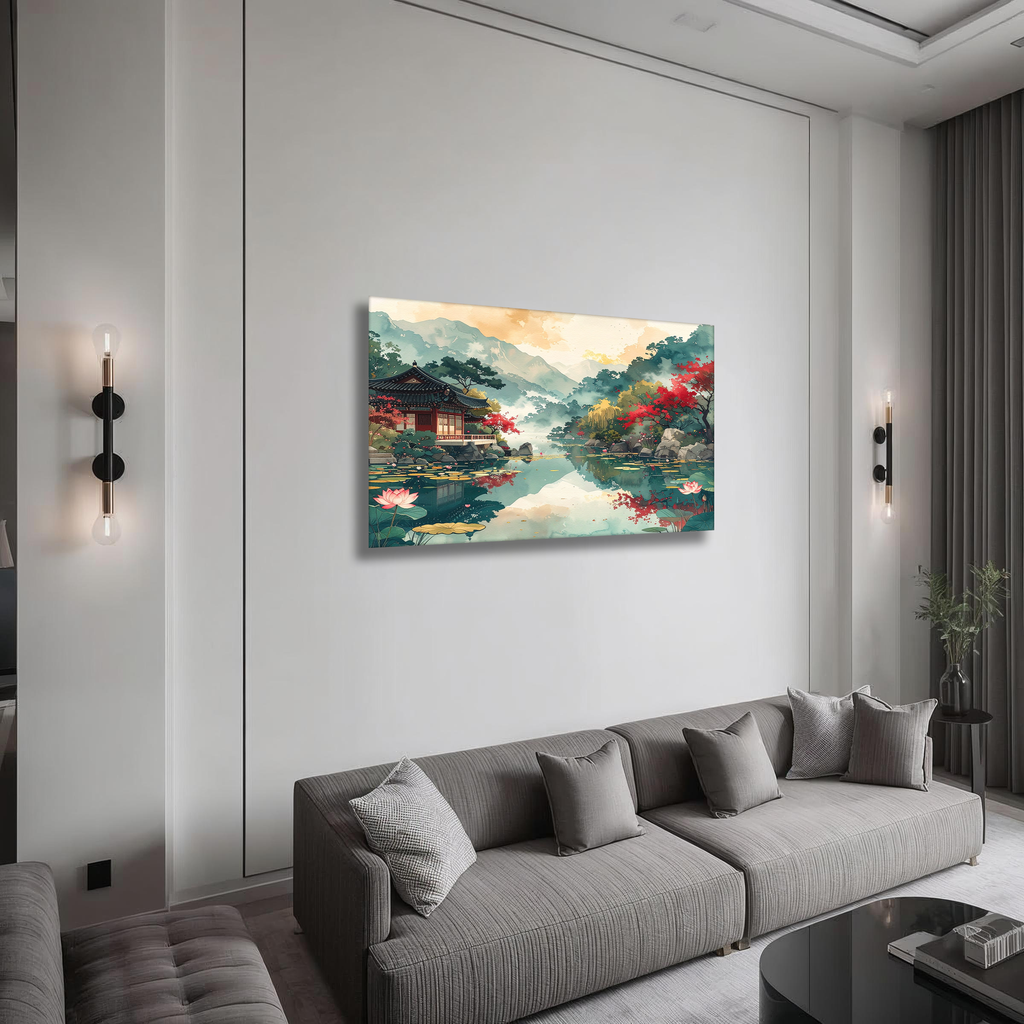 Lotus Reflections at Gyeonghoeru – Korean Traditional Landscape Canvas Art