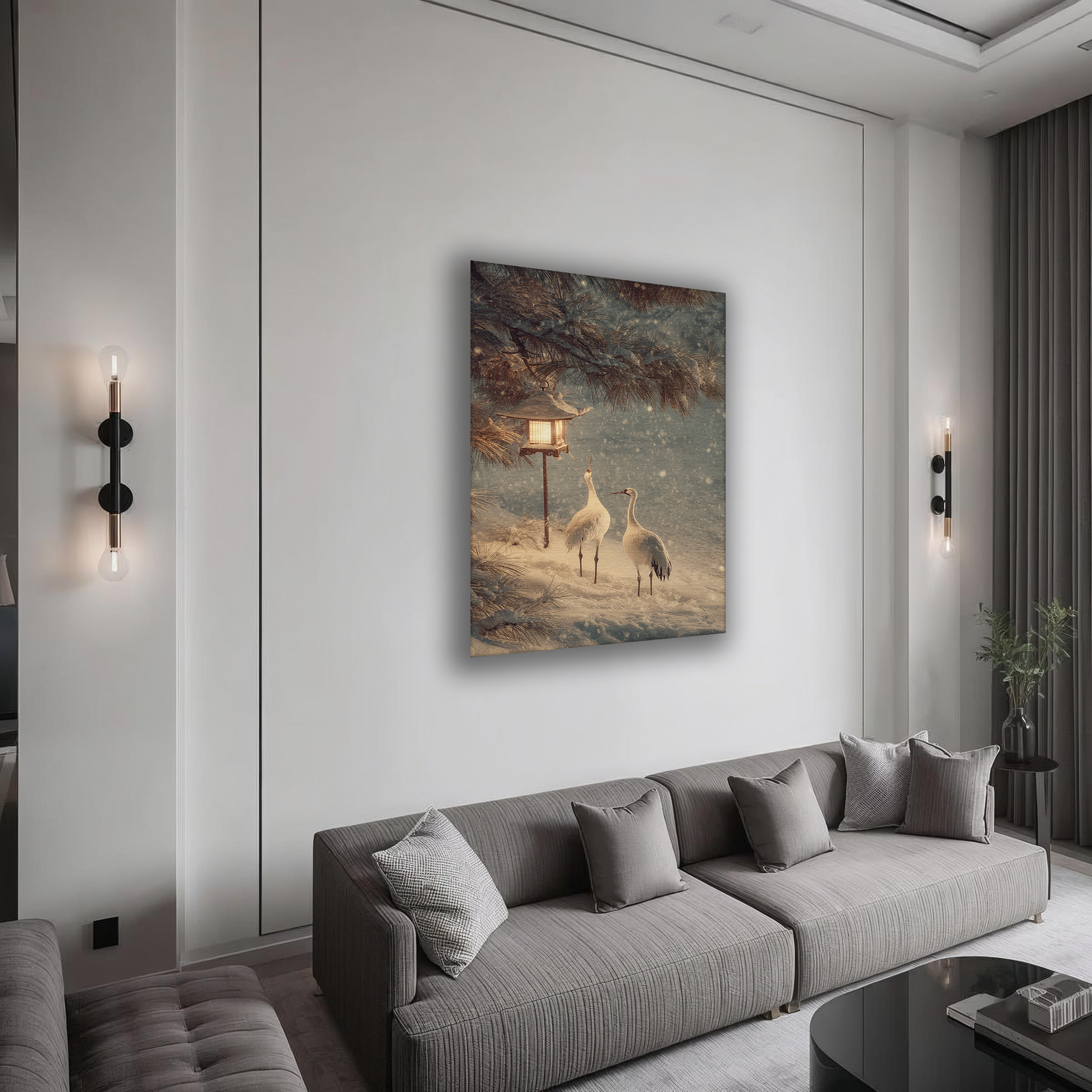 Korean Winter Crane Lantern Canvas Art | Snowy Pine Scene
