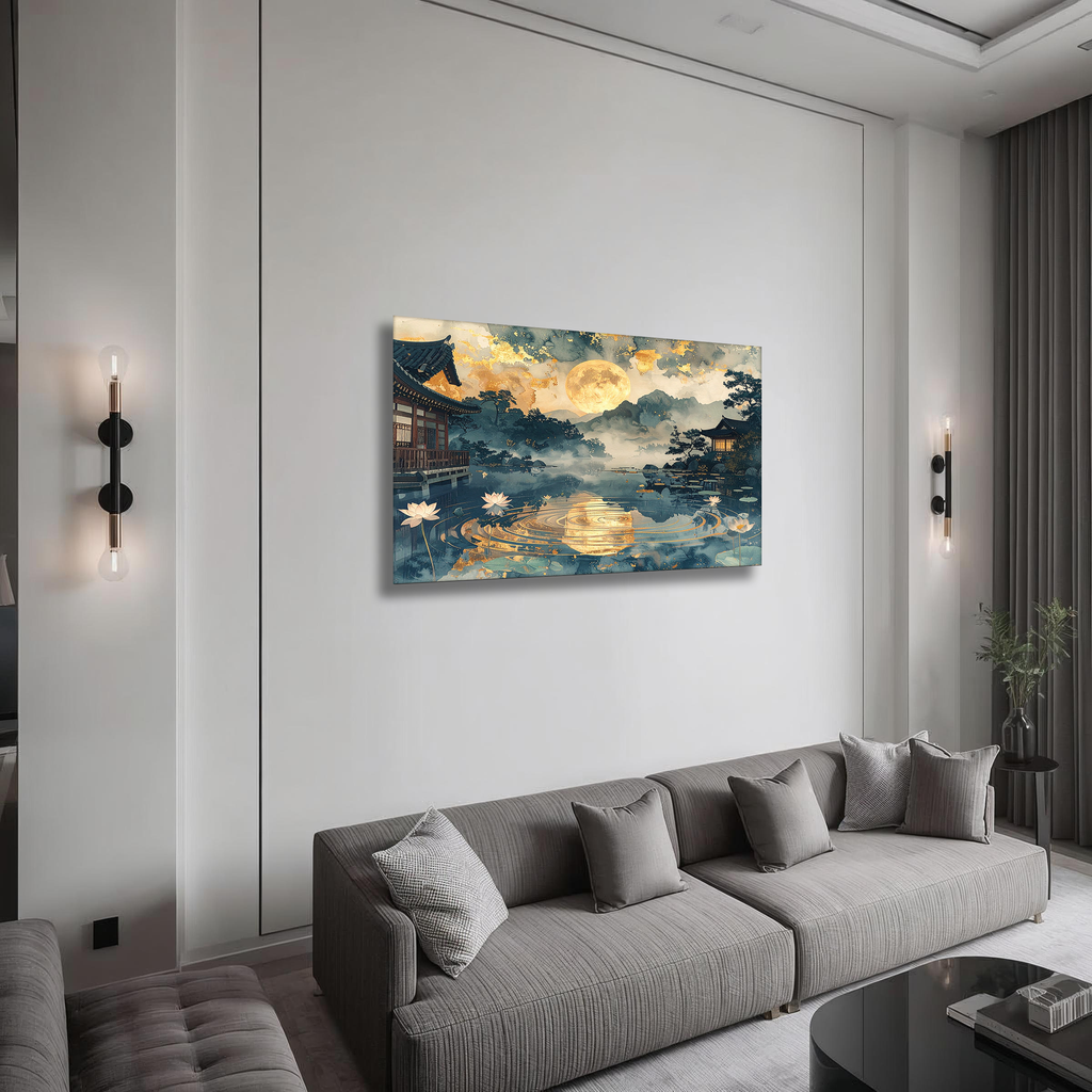 Golden Moon over Lotus Lake – Korean Hanok Moonlight Canvas Art