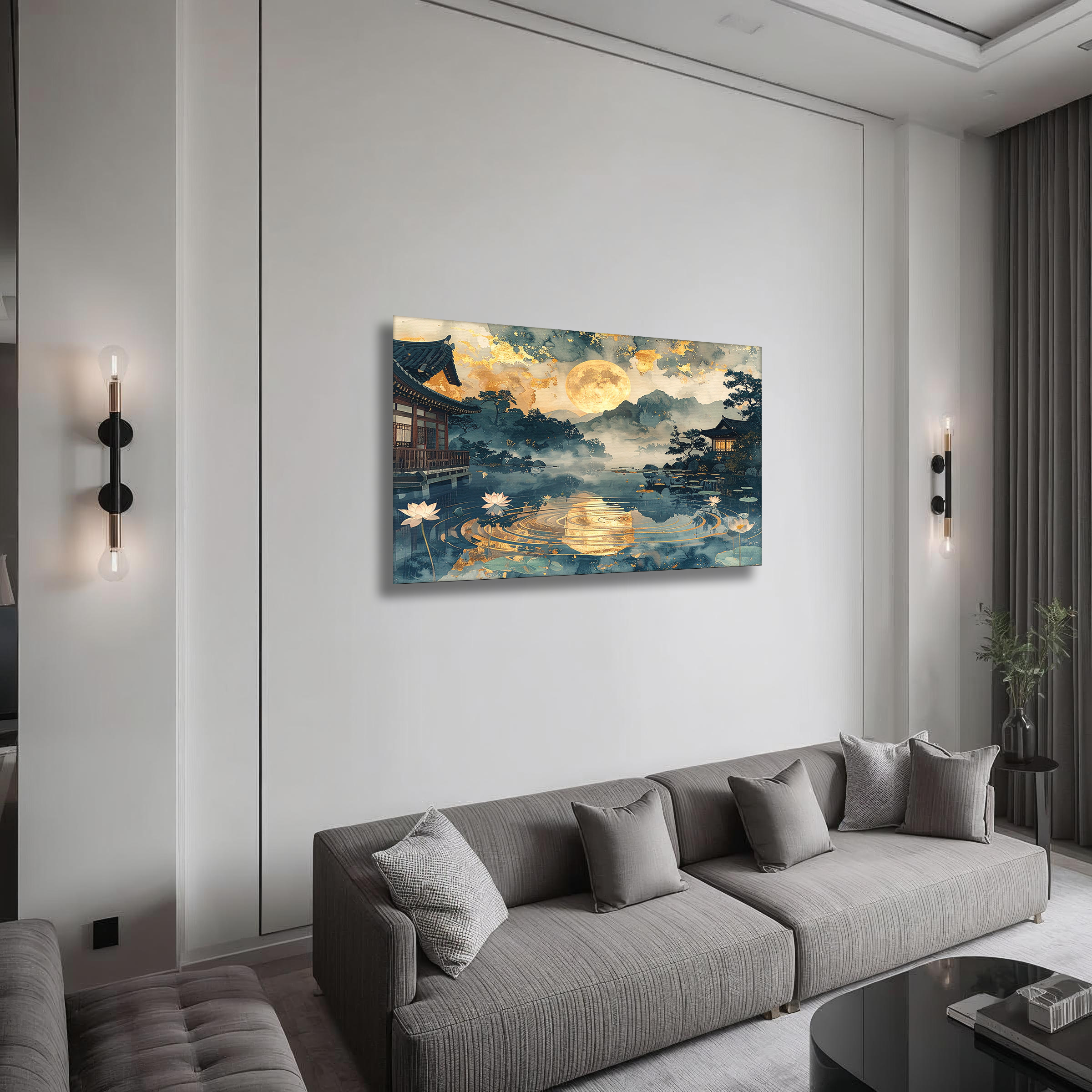 Golden Moon over Lotus Lake – Korean Hanok Moonlight Canvas Art