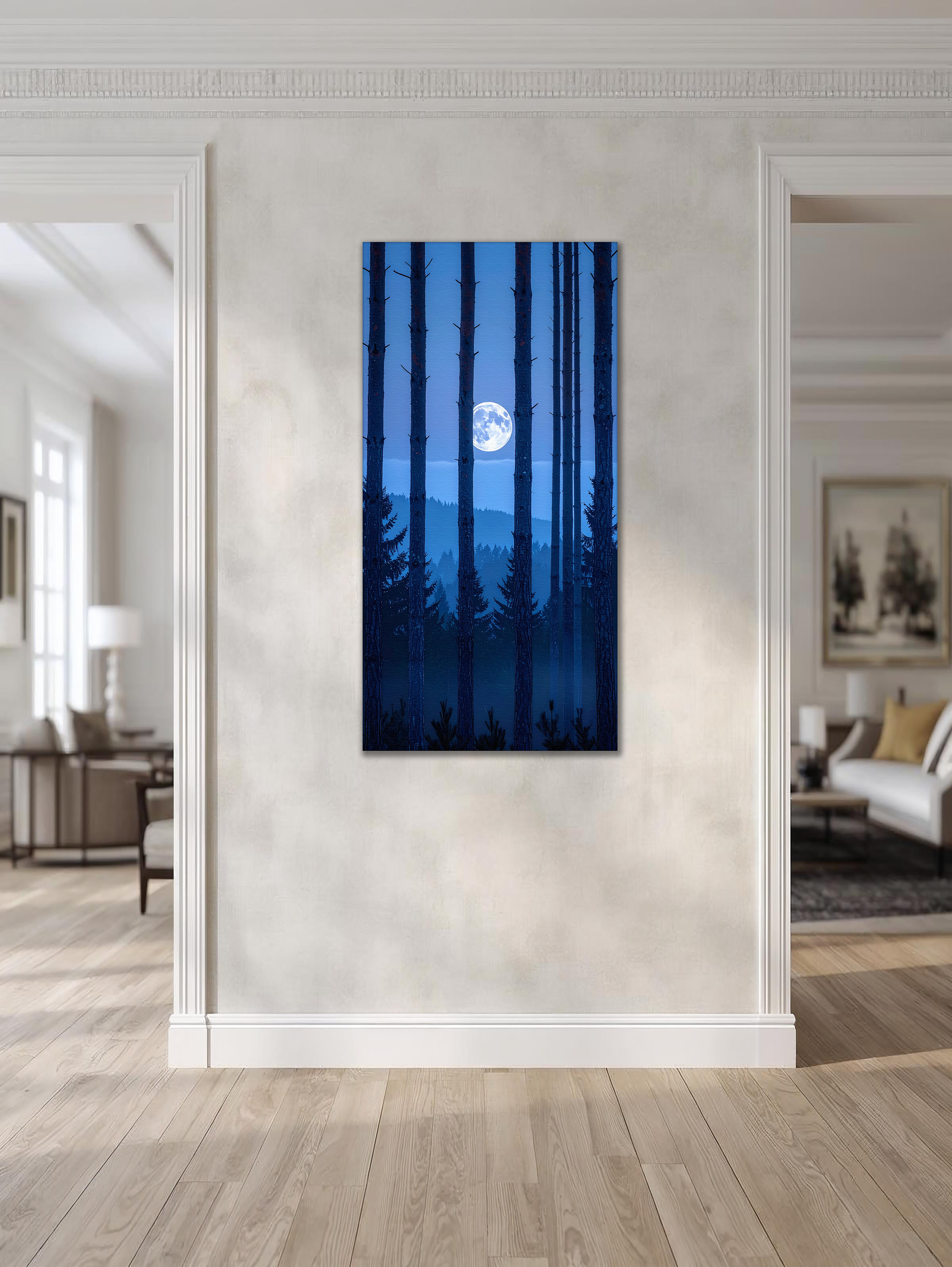 Moonrise Through the Pines (Portrait Canvas Edition)