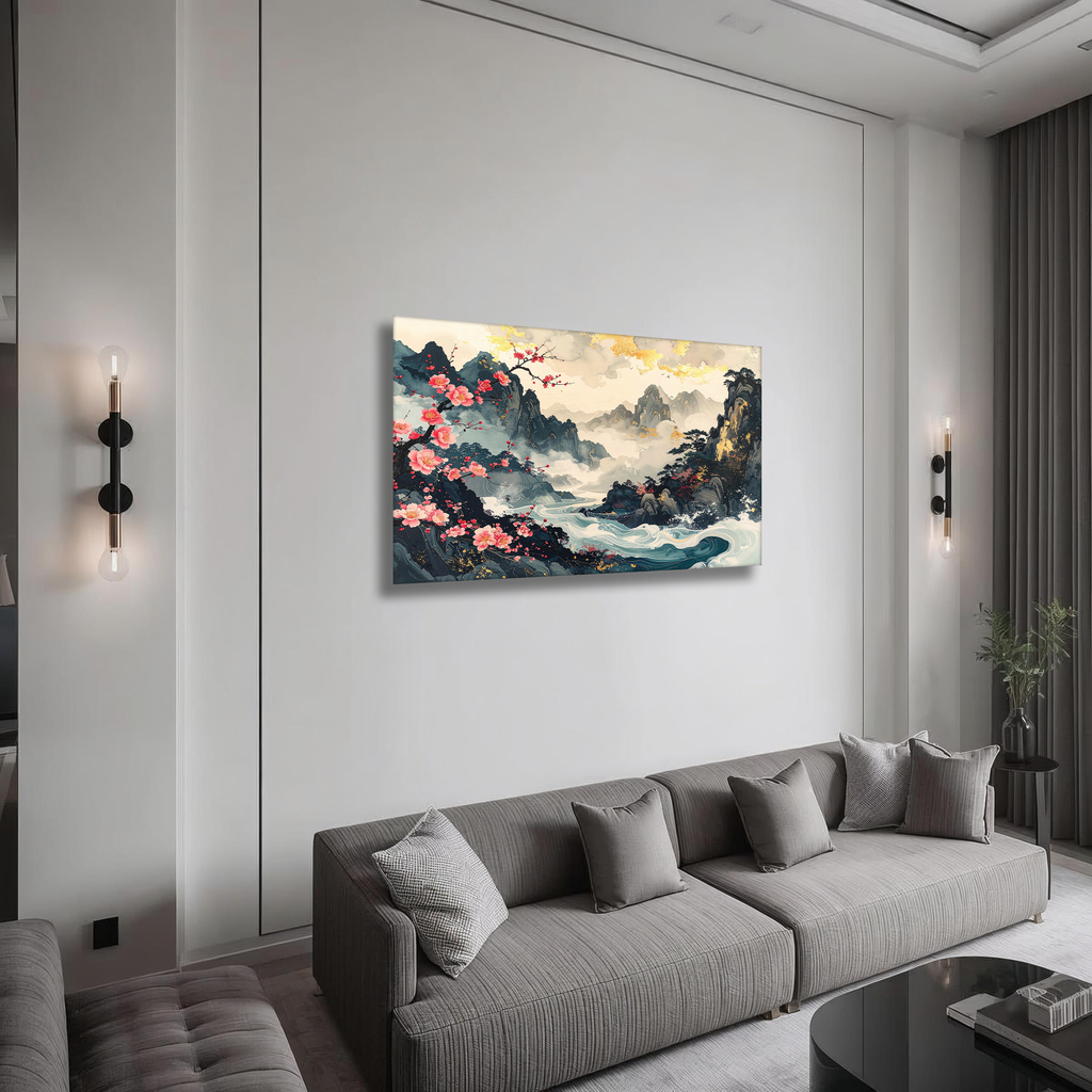 Bloom of Spring over Misty Mountains – Korean Plum Blossom Landscape Canvas Art