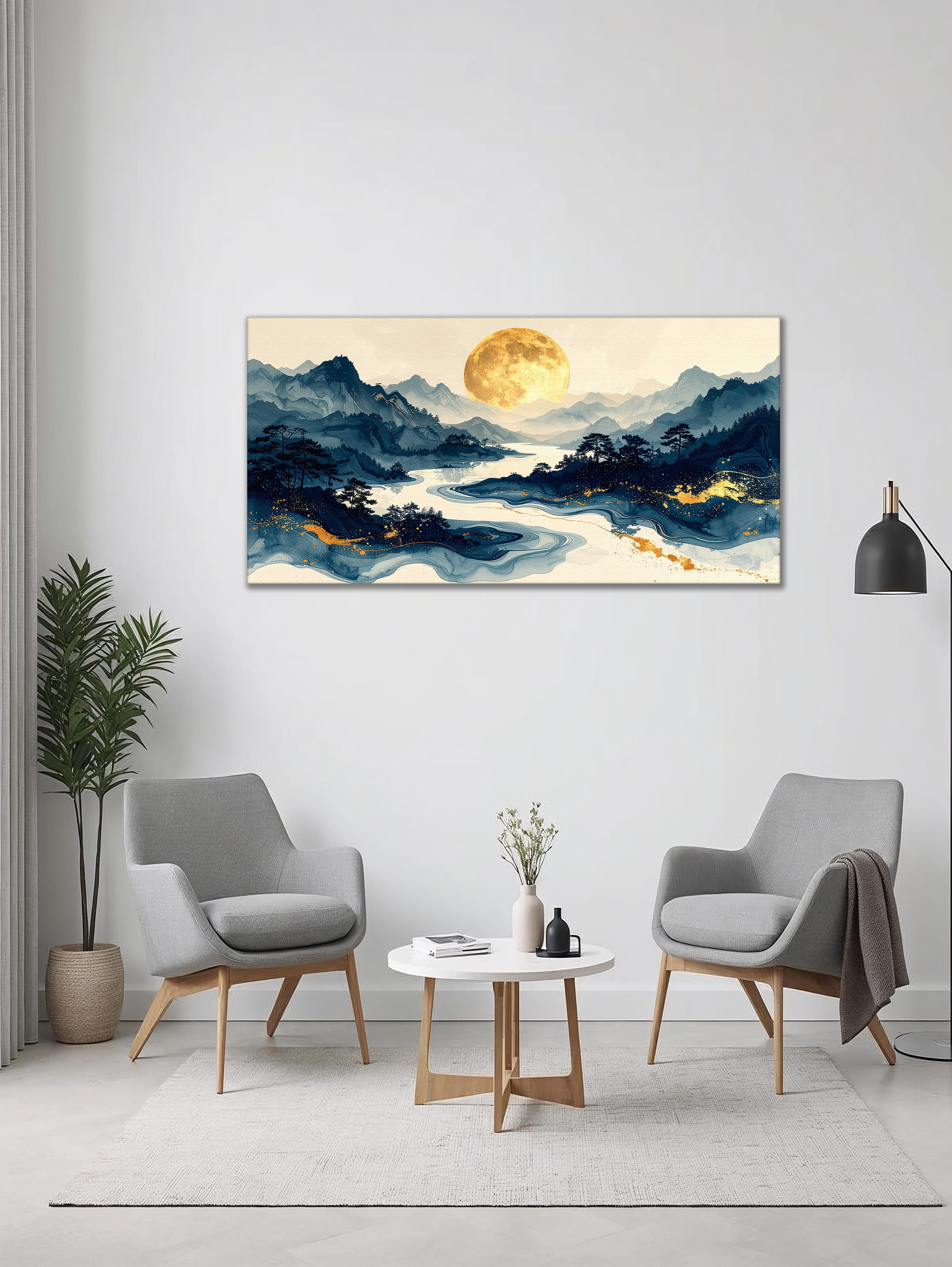 Golden Moon over Serene Valleys (Landscape Canvas Edition)