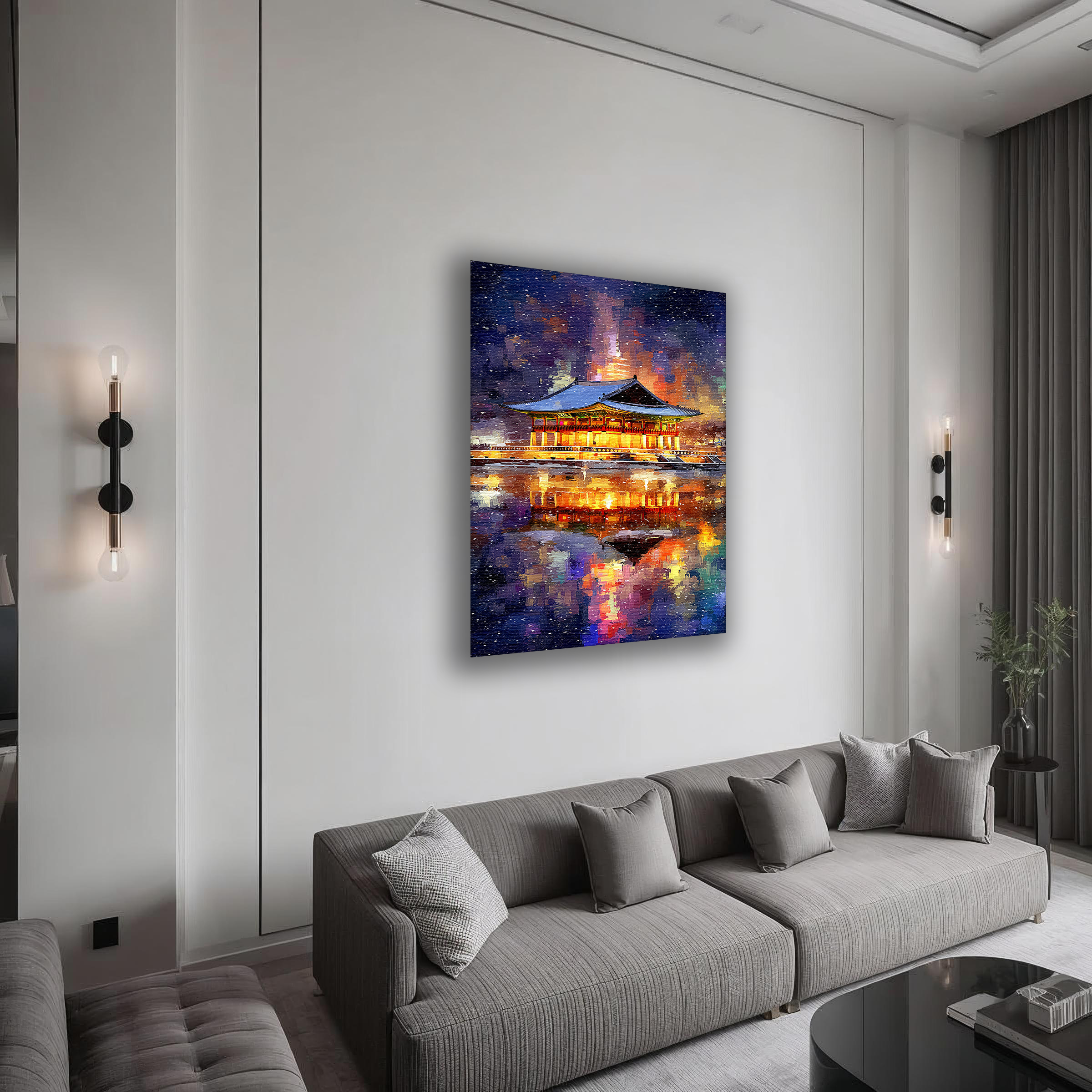 Korean Illuminated Pavilion Canvas Art | Snowy Lakeside Night