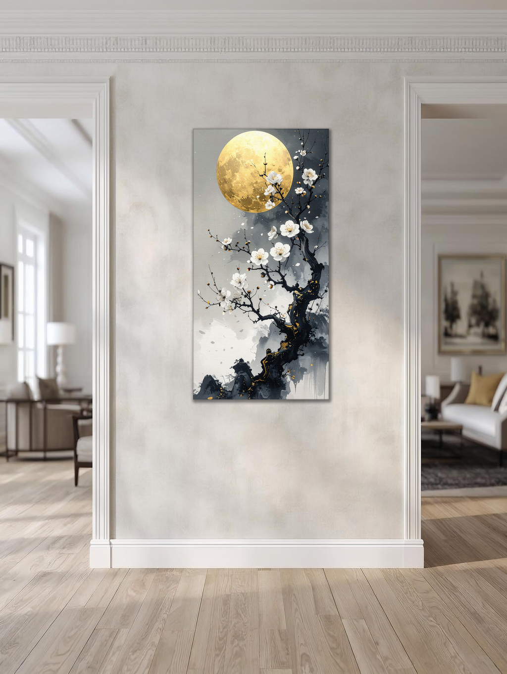 Golden Moon over White Blossoms (Portrait Canvas Edition)