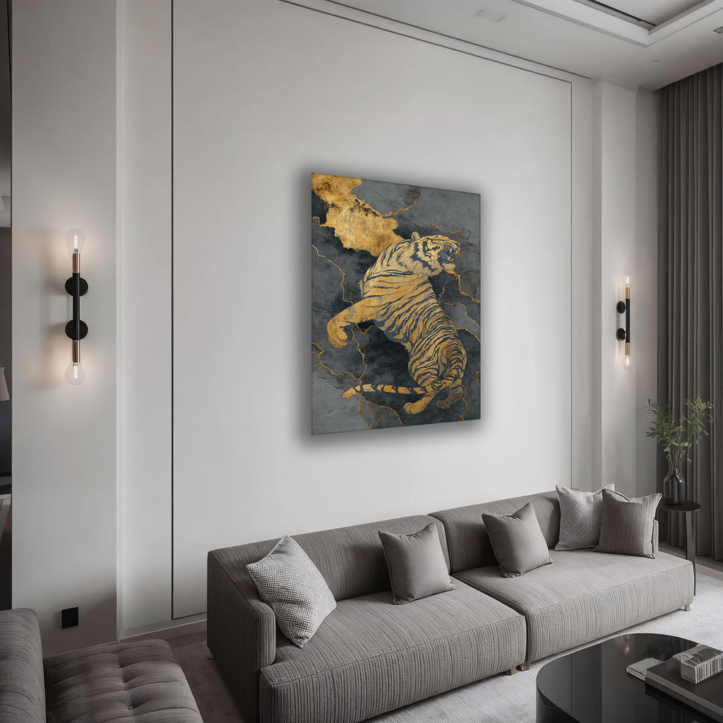 Korean Gold Tiger Canvas Art | Luxury Dark Marble Style