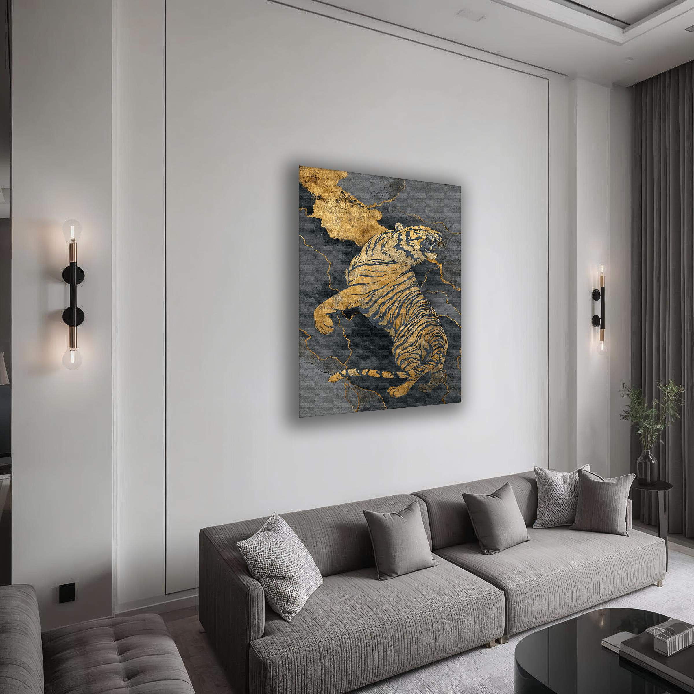 Korean Gold Tiger Canvas Art | Luxury Dark Marble Style