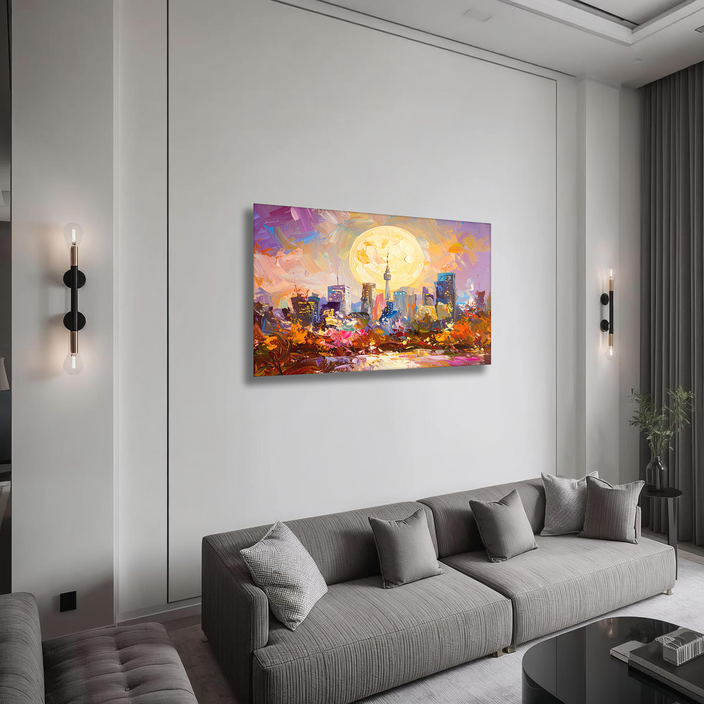 Seoul in Golden Moonlight – Abstract Korean Cityscape Canvas Art