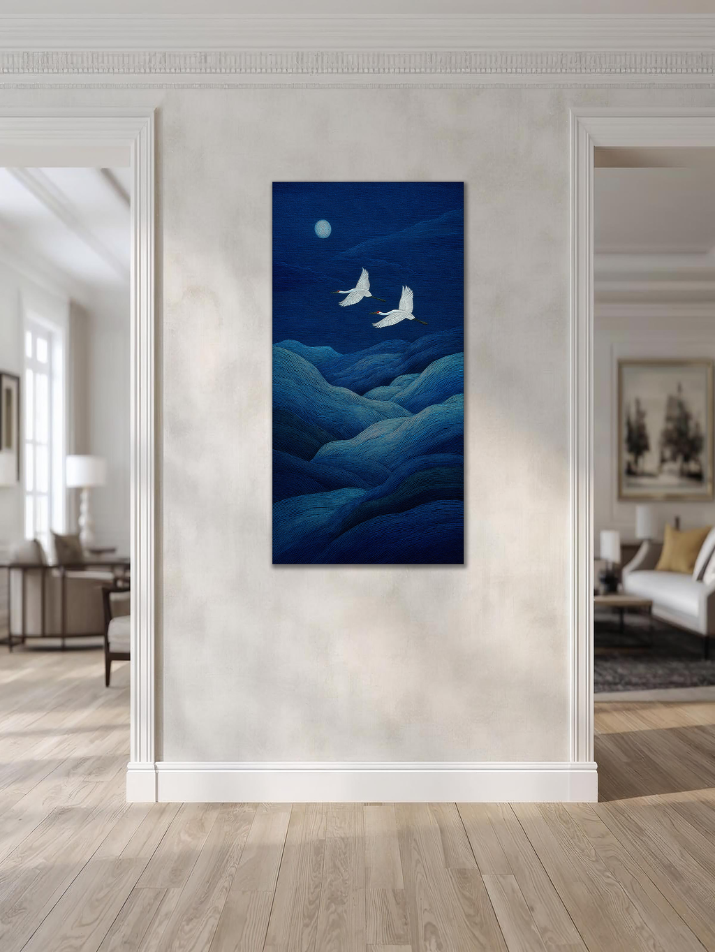 Cranes beneath the Moonlit Waves (Portrait Canvas Edition)