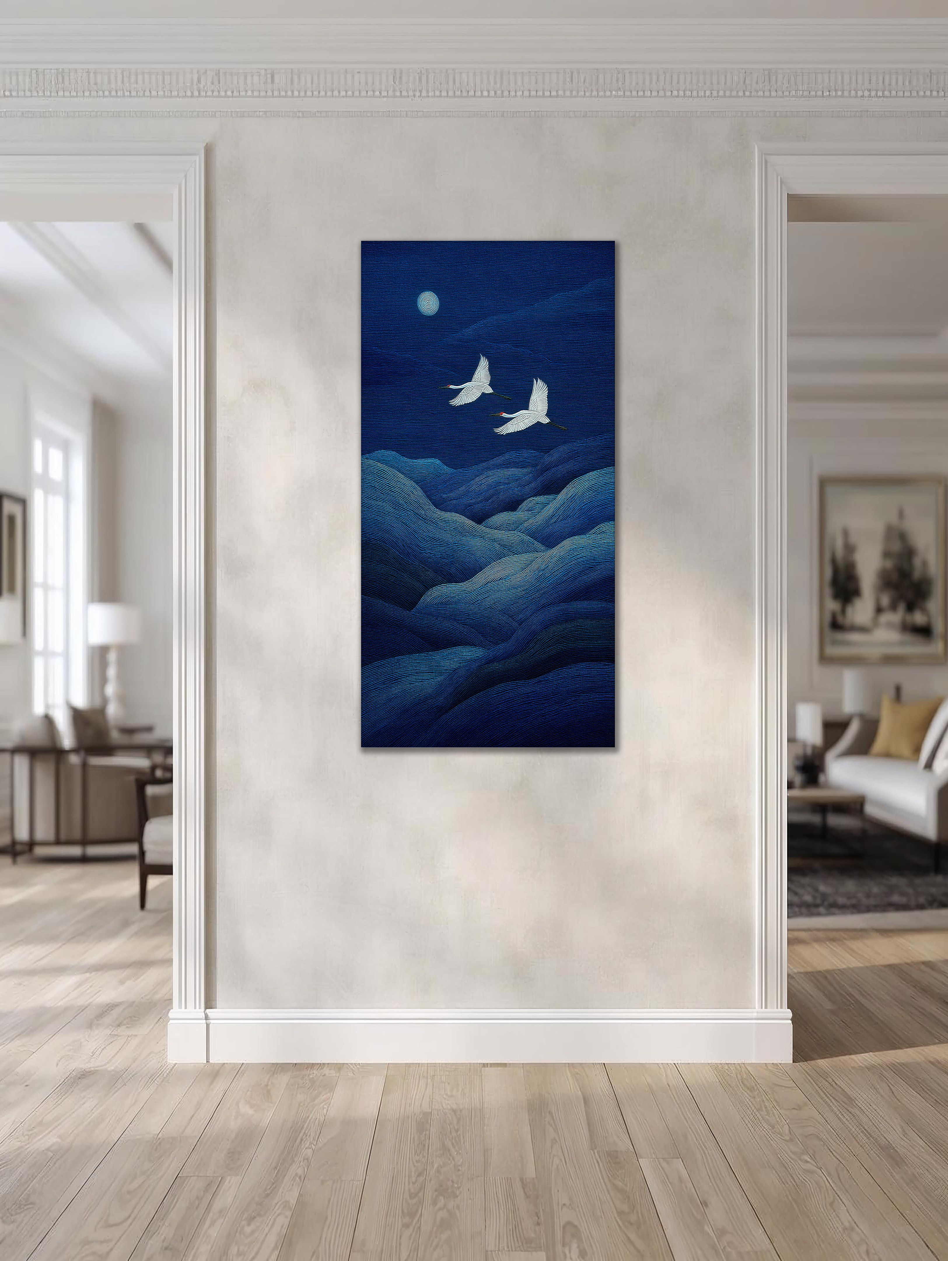Cranes beneath the Moonlit Waves (Portrait Canvas Edition)