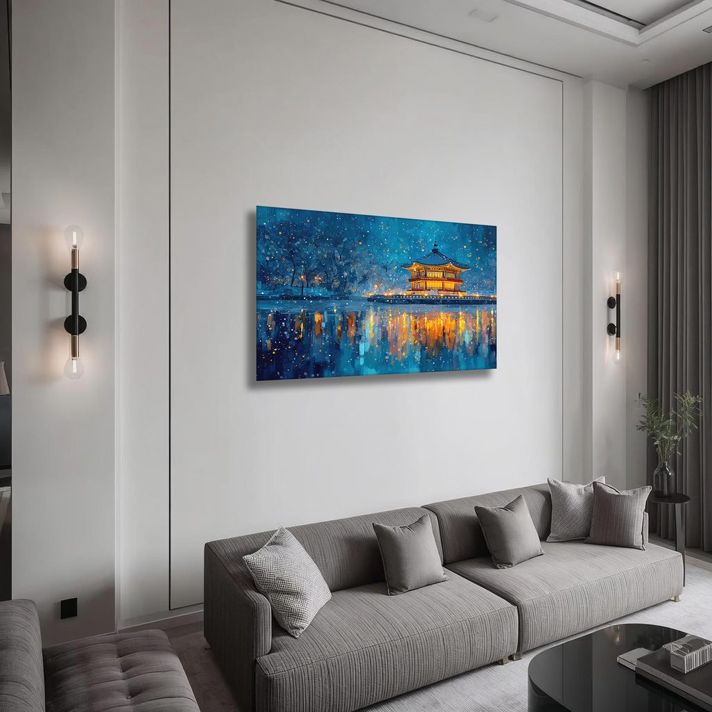 Korean Winter Pavilion Canvas Art | Night Lake Reflection