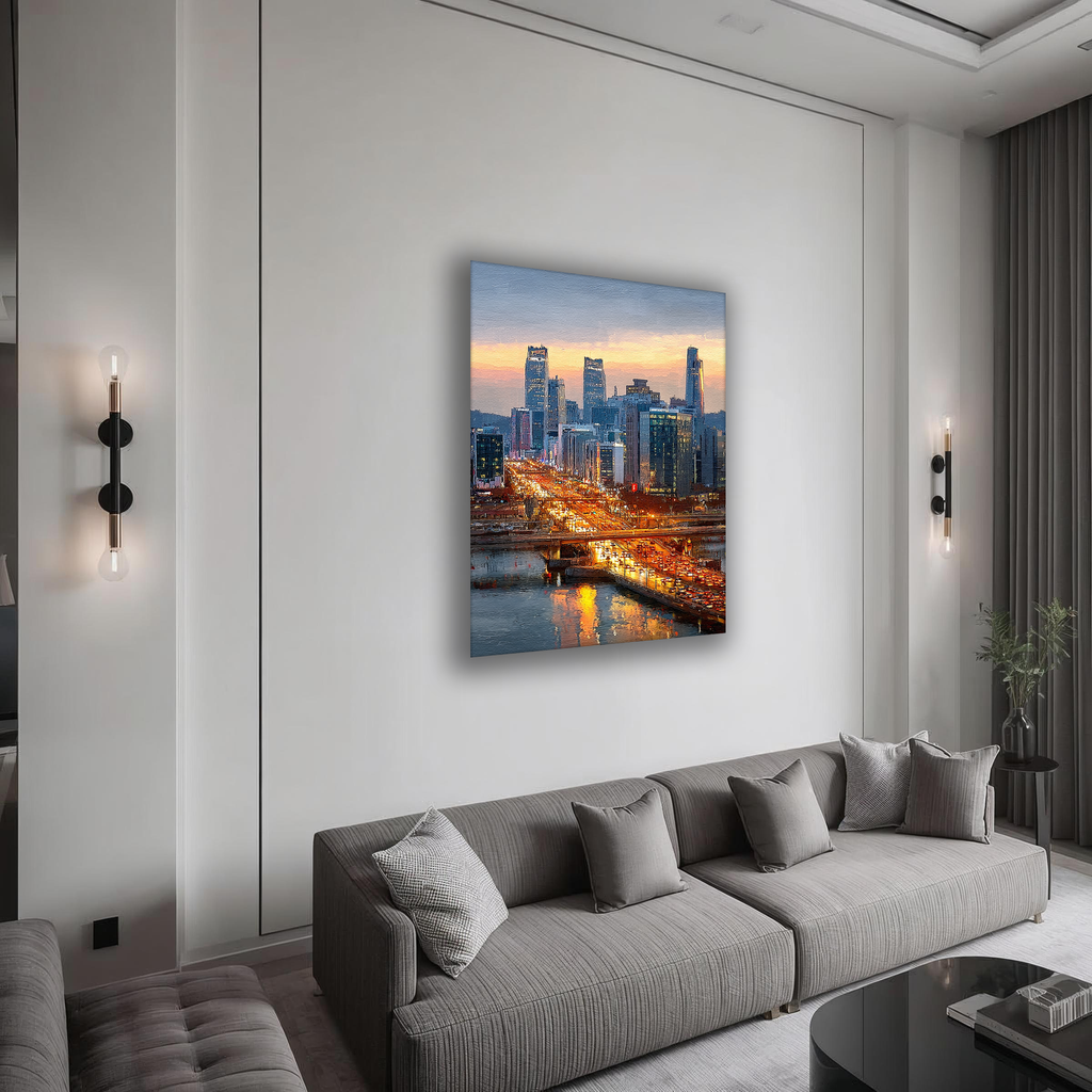 Korean Cityscape Canvas Art | Seoul River Sunset Glow
