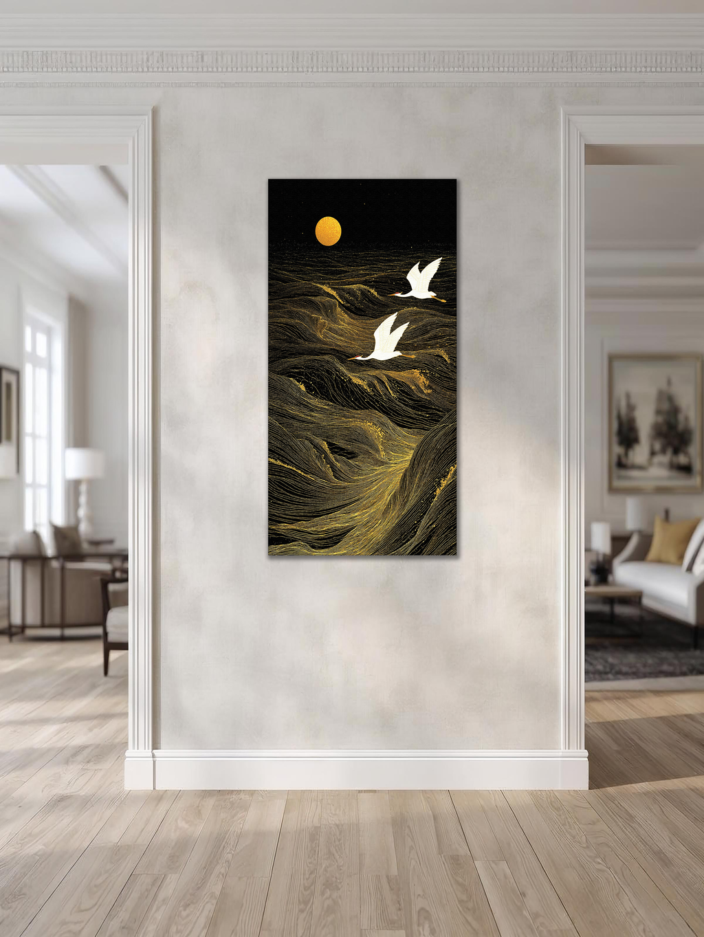 Golden Cranes over Midnight Waves (Portrait Canvas Edition)
