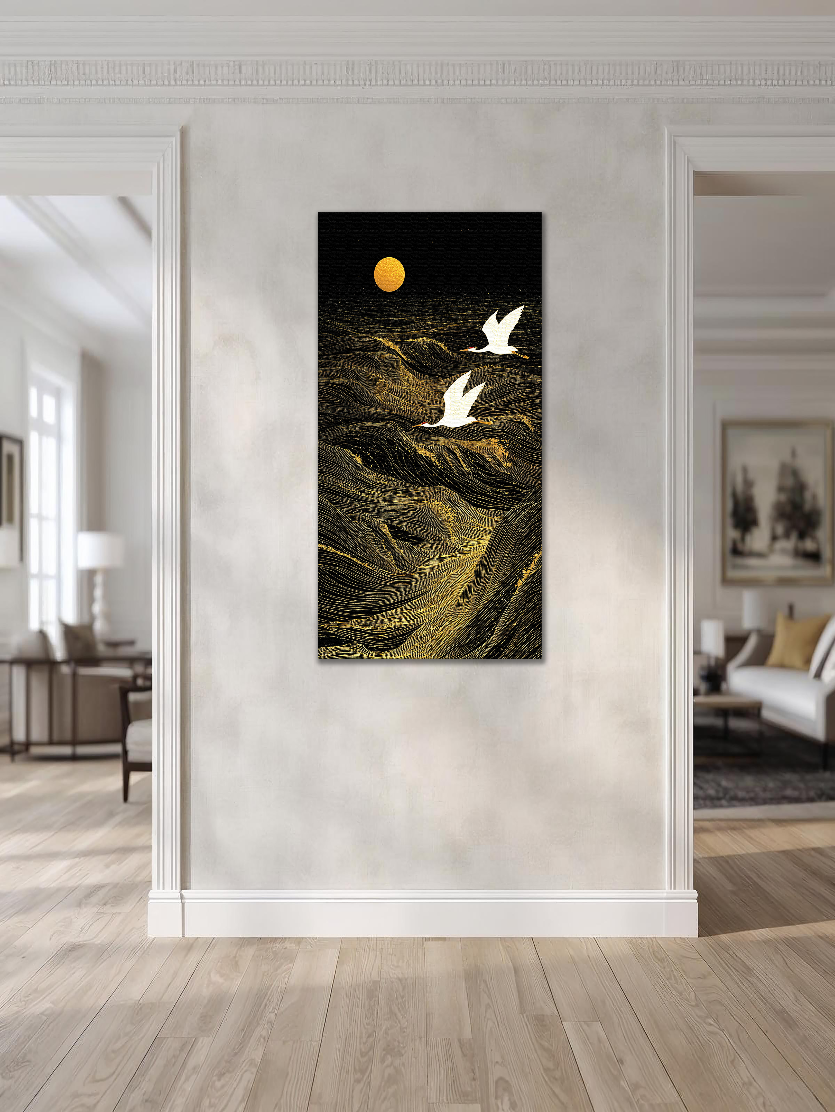 Golden Cranes over Midnight Waves (Portrait Canvas Edition)