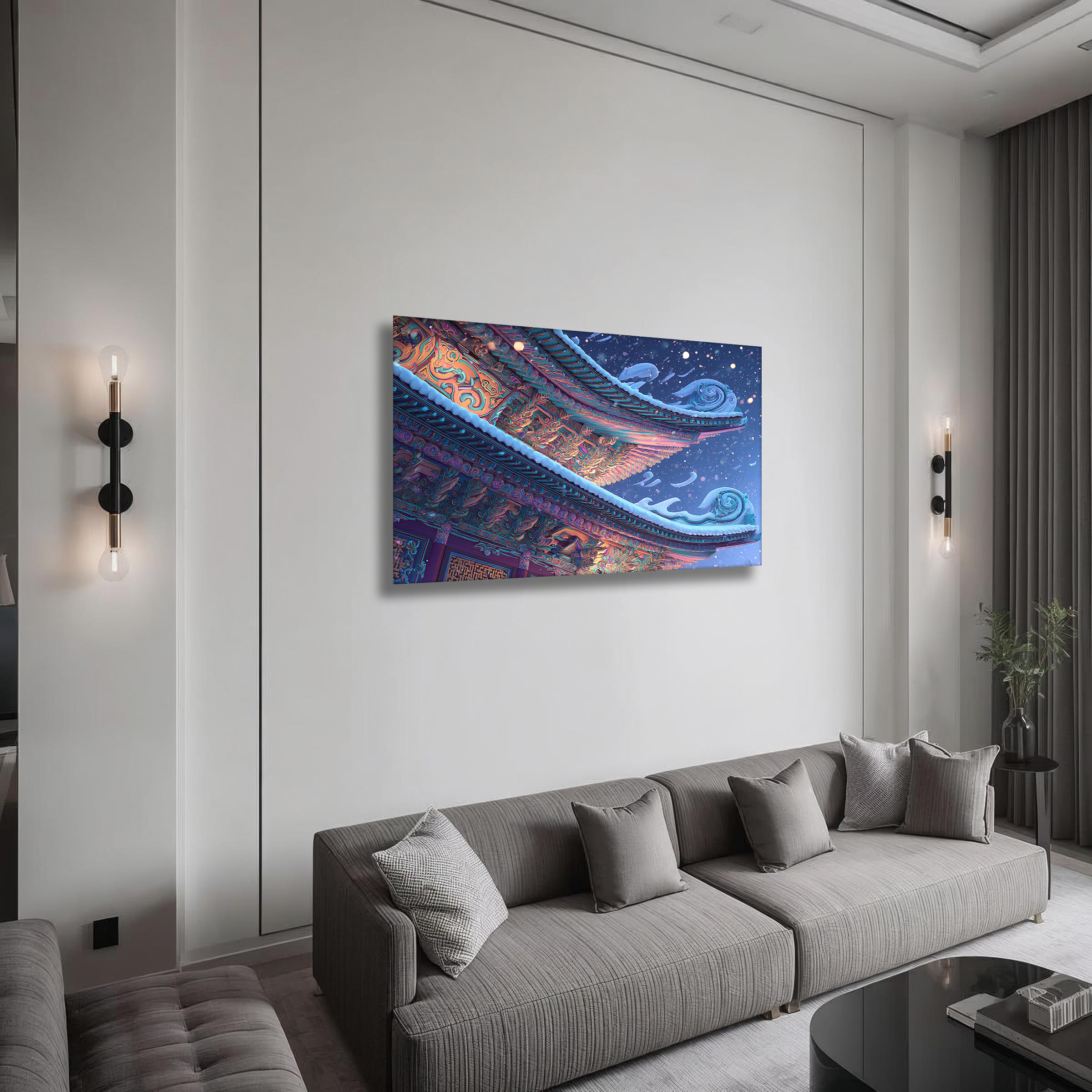 Korean Winter Temple Roof Canvas Art | Snowy Dancheong Night