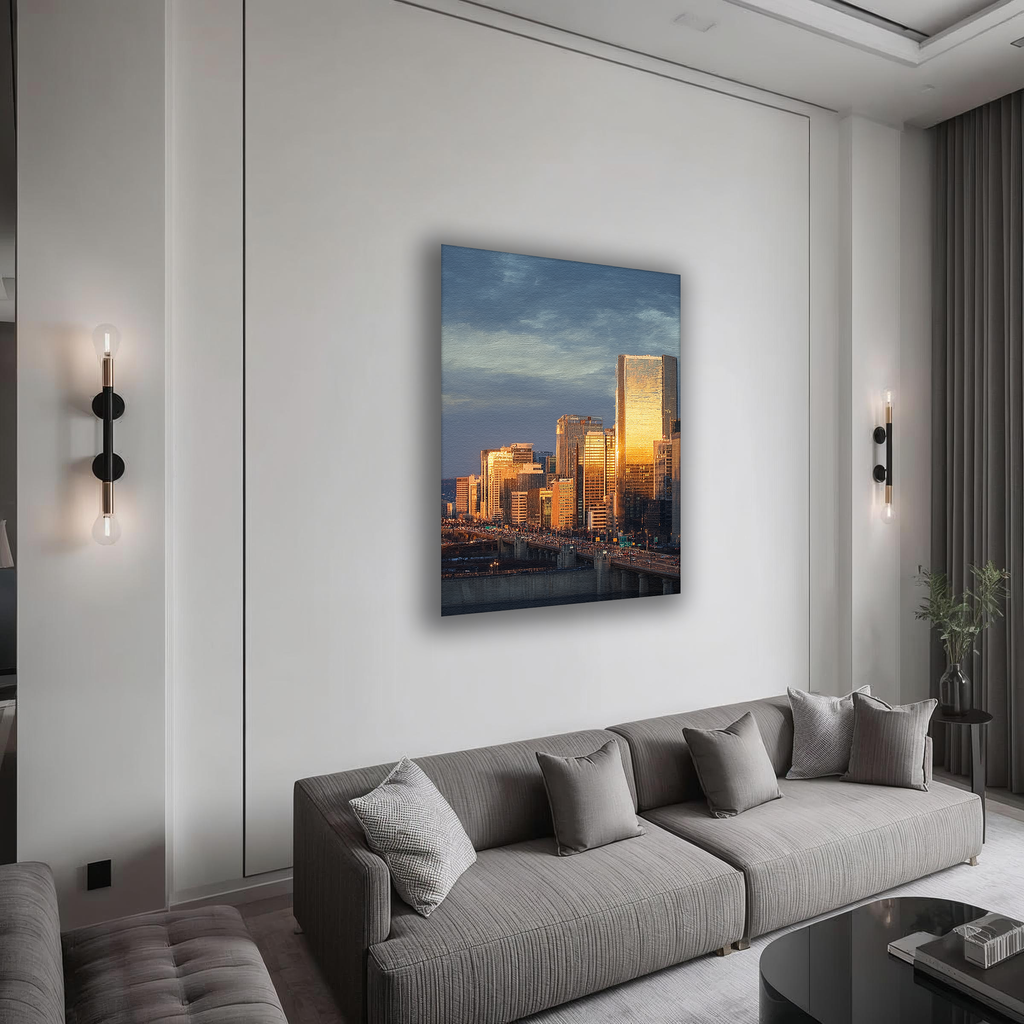 Korean Cityscape Canvas Art | Golden Seoul Sunset Towers