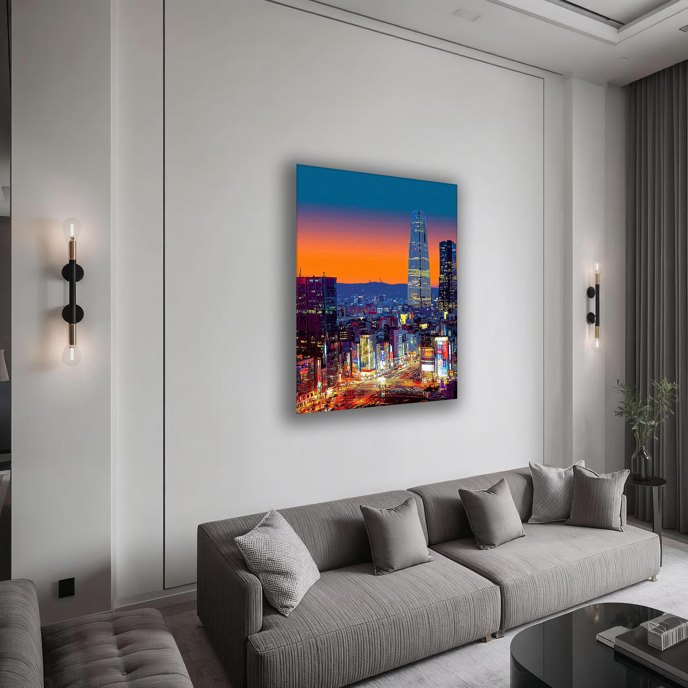 Korean Cityscape Canvas Art | Neon Seoul Sunset Towers