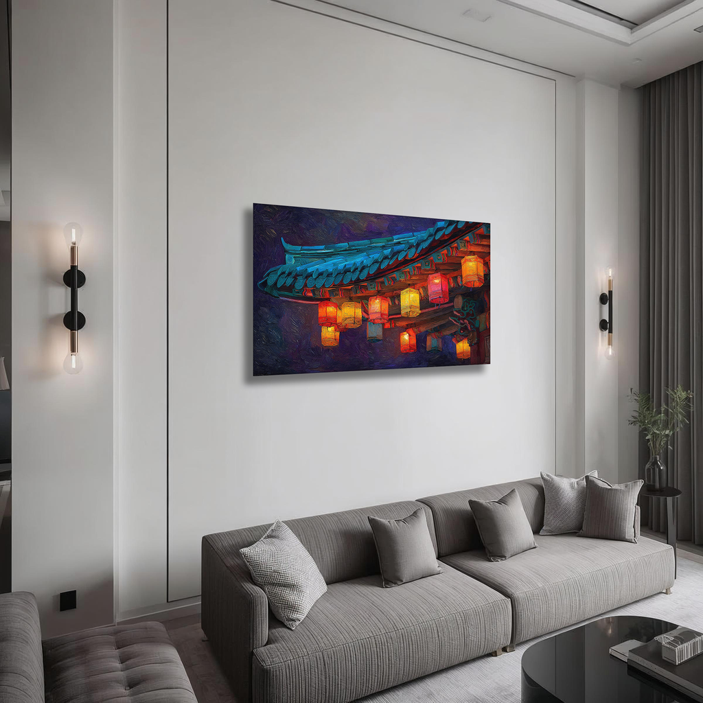 Korean Lantern Night Canvas Art | Temple Roof Glow