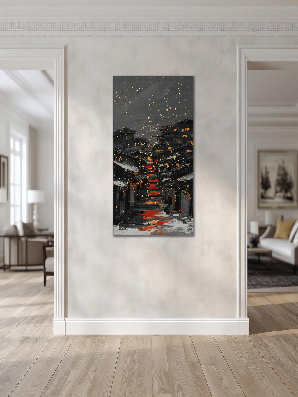 Korean Night Village Canvas Art | Red Path & Gold Snow (Portrait Canvas Edition)
