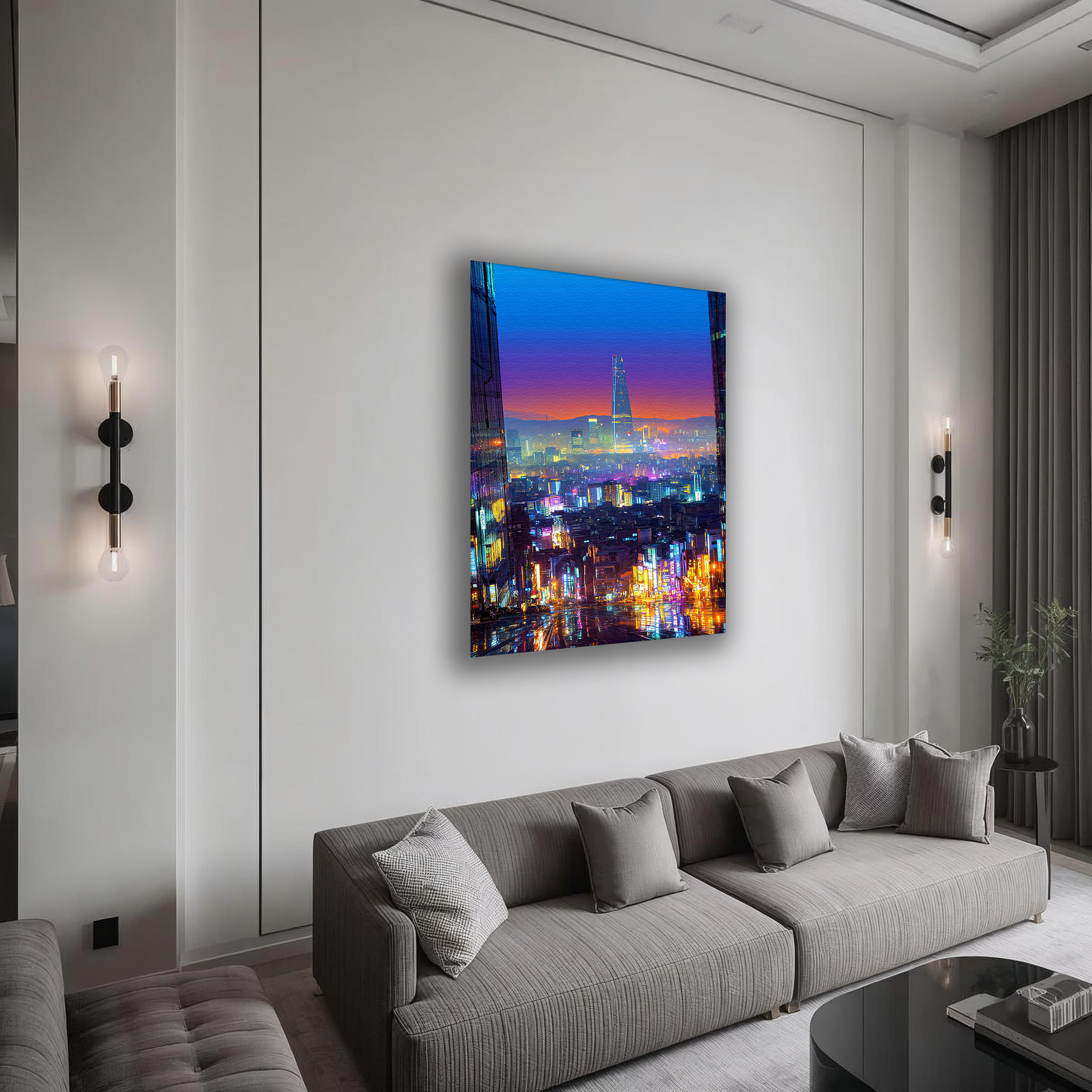 Korean Cityscape Canvas Art | Neon Seoul Rain Glow