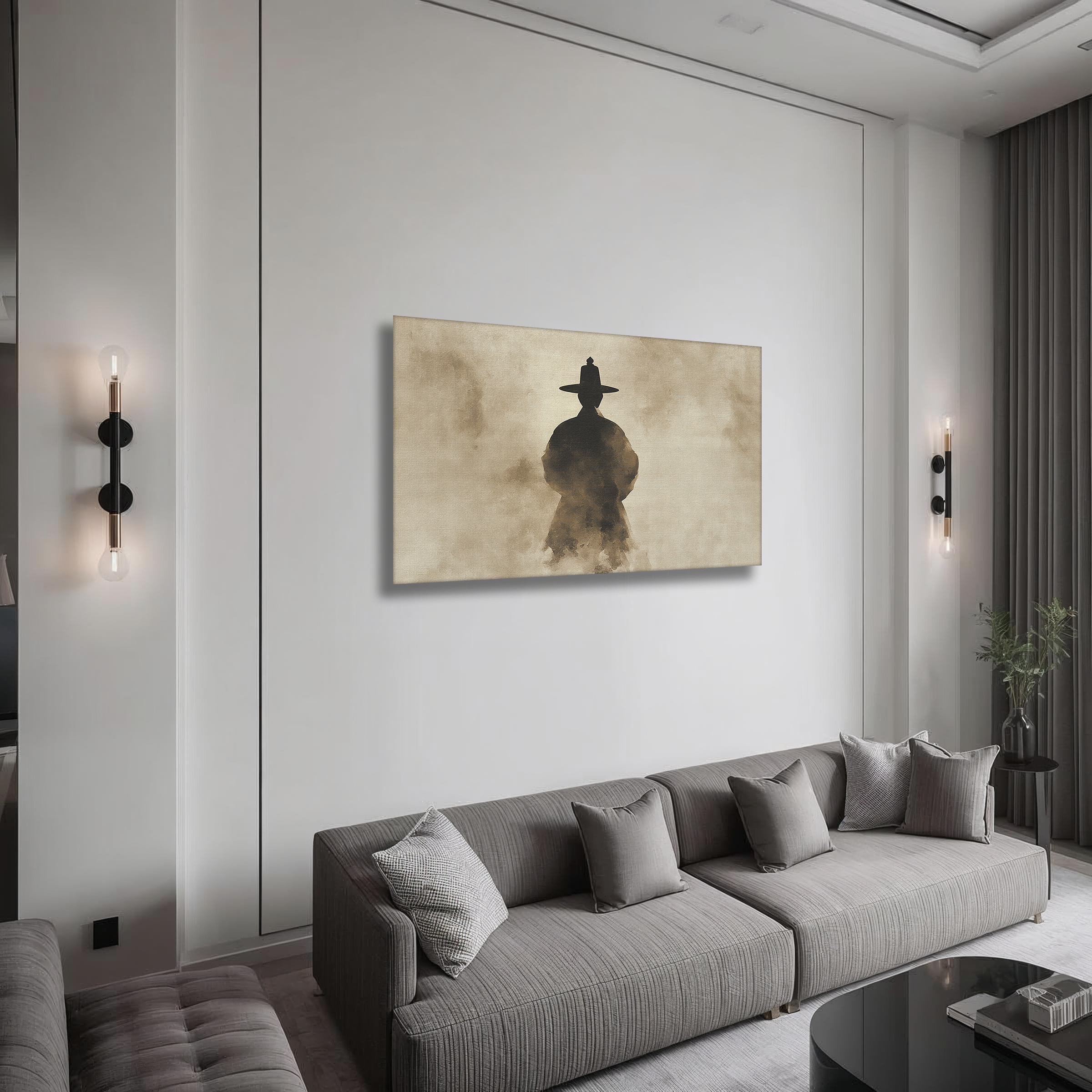 Korean Scholar Silhouette Canvas Art | Sepia Minimal Style