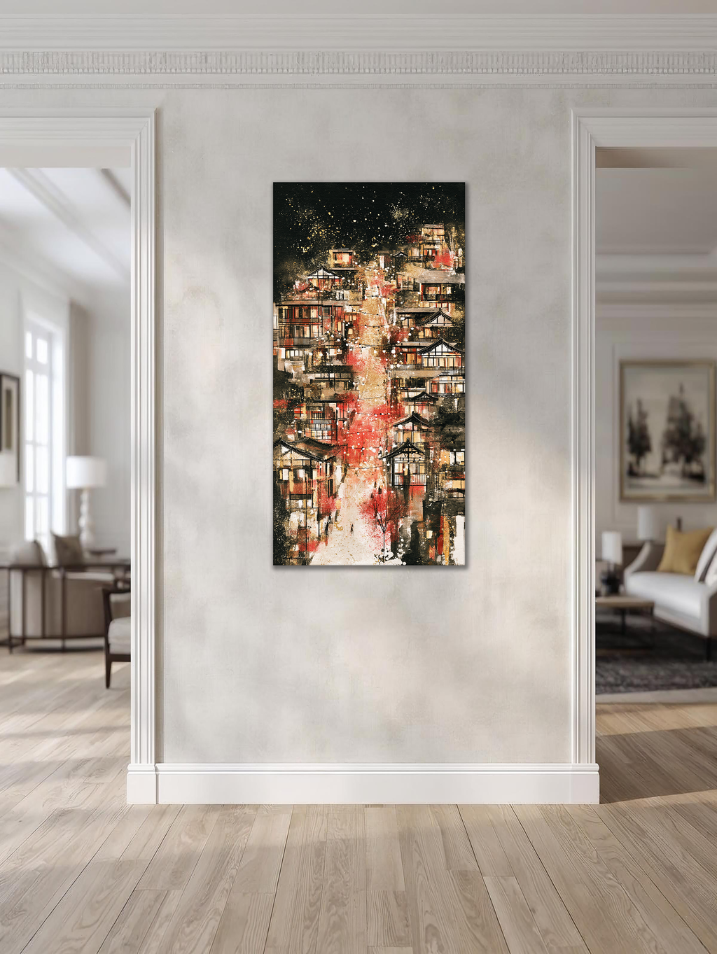 Korean Hillside Village Canvas Art | Red Winter Path (Portrait Canvas Edition)