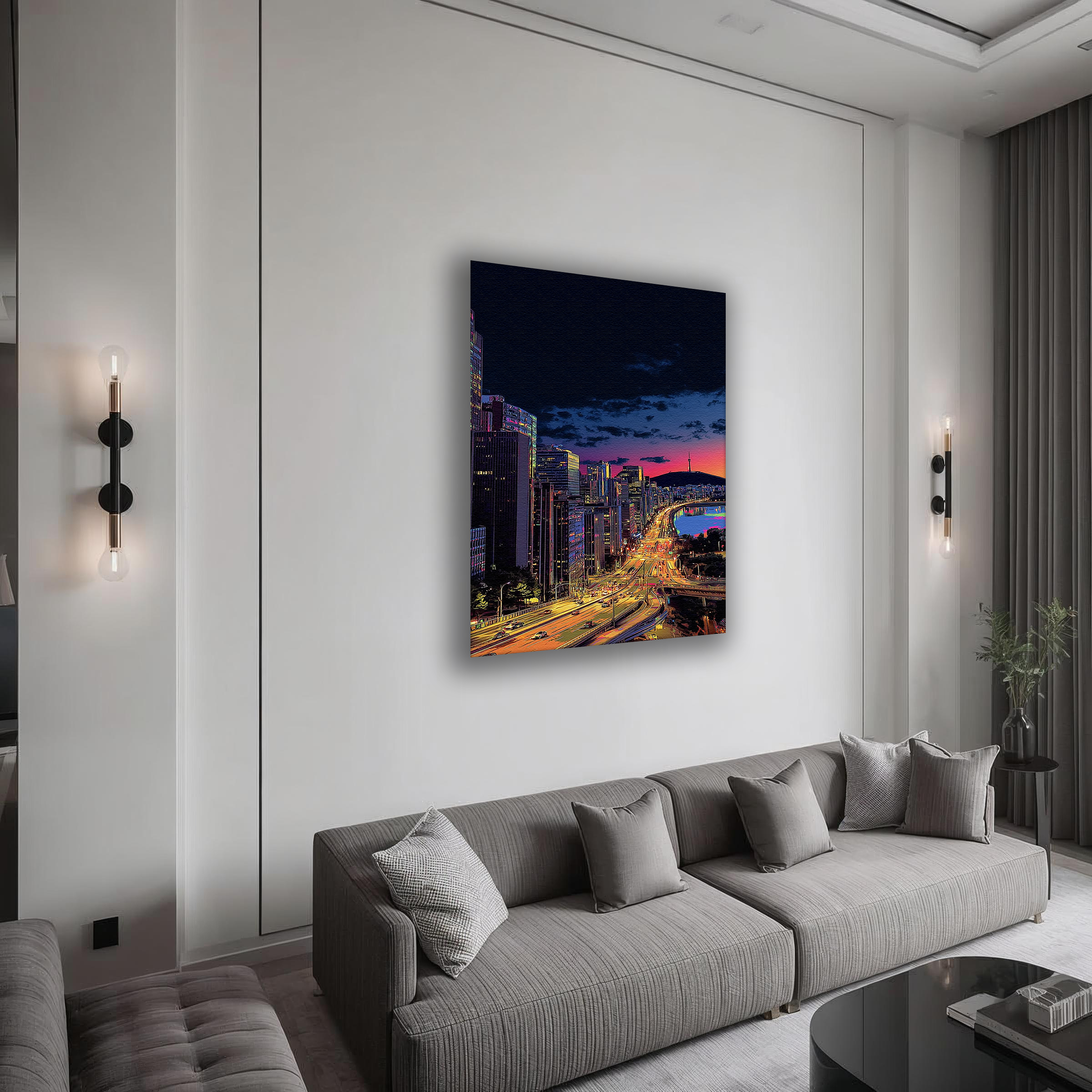 Korean Cityscape Canvas Art | Neon Seoul River Night