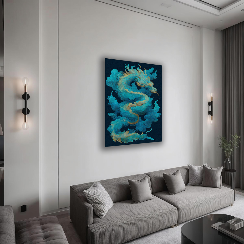 Korean Dragon Vertical Canvas Art – Teal & Gold Mythic Wall Decor