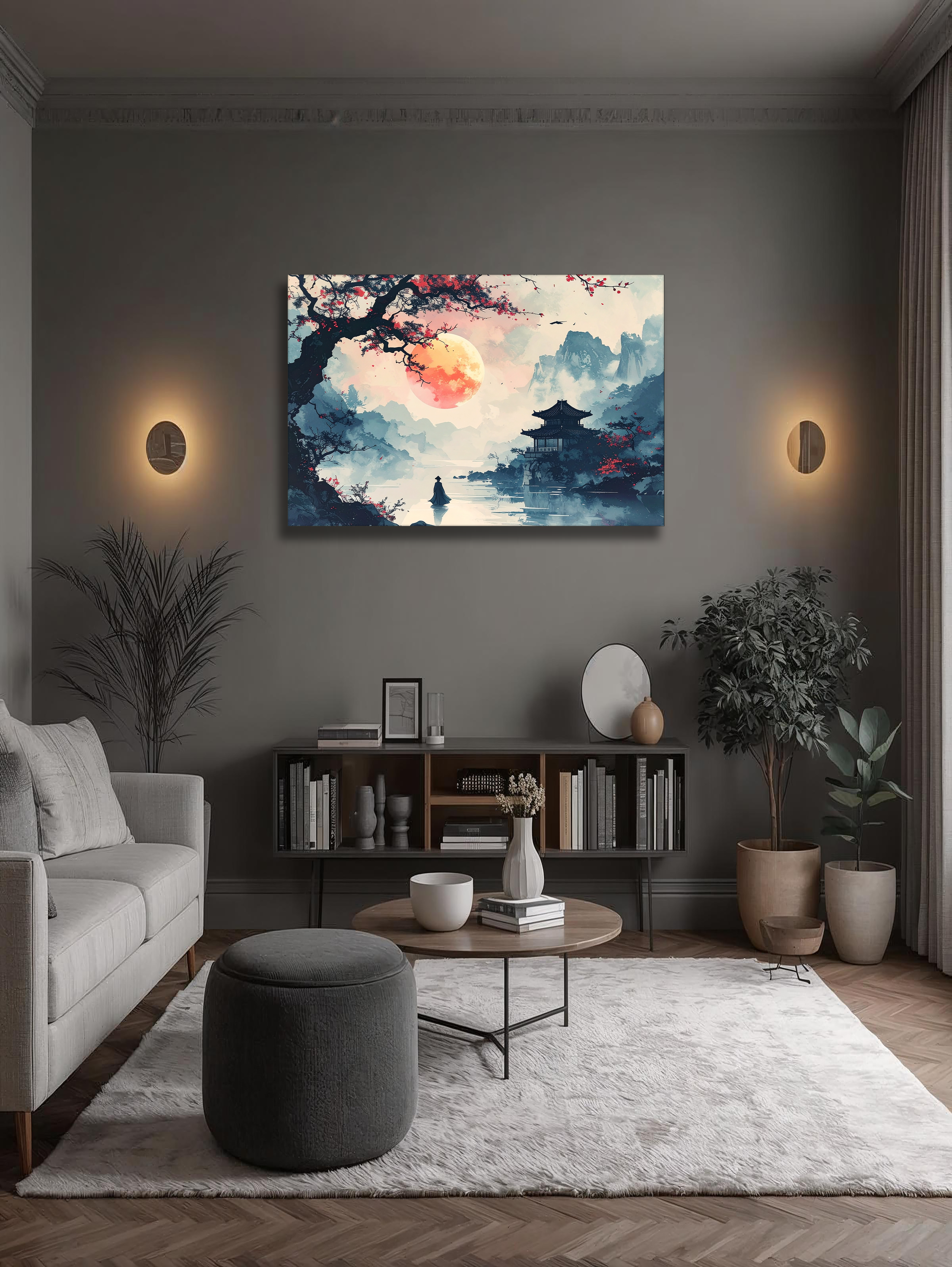 Crimson Moon over the Pavilion – Korean Landscape Canvas Art