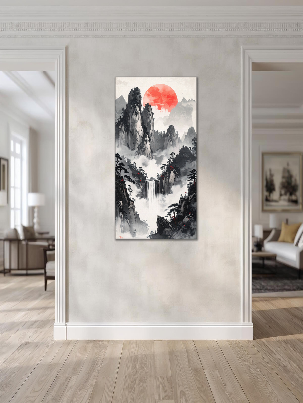 Scarlet Sun over Misty Falls (Portrait Canvas Edition)