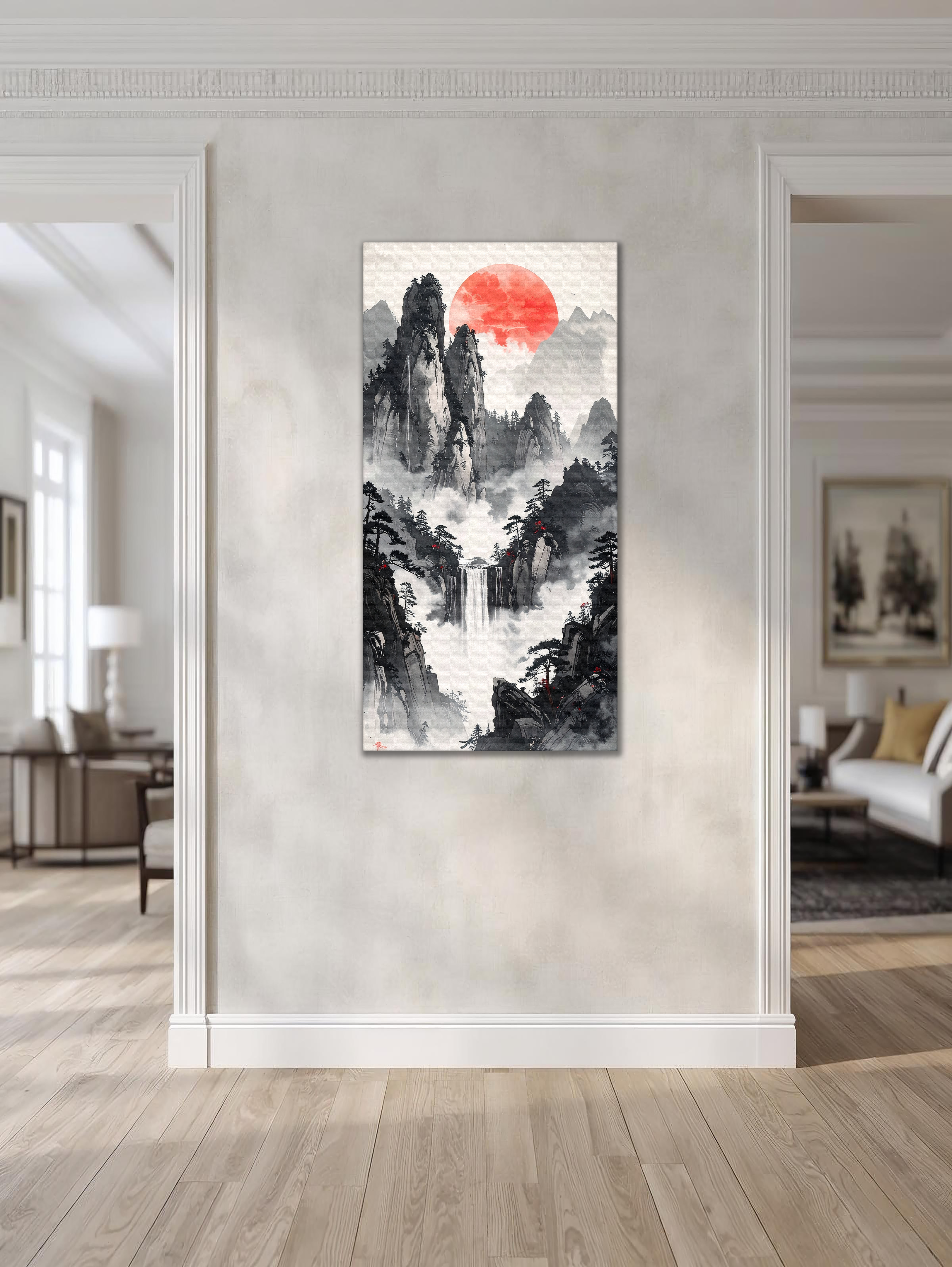 Scarlet Sun over Misty Falls (Portrait Canvas Edition)