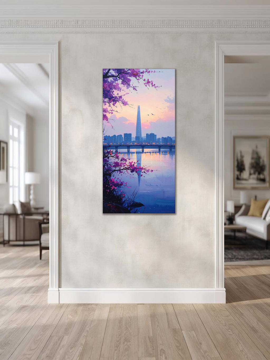 Twilight Blossoms over Seoul Skyline (Portrait Canvas Edition)