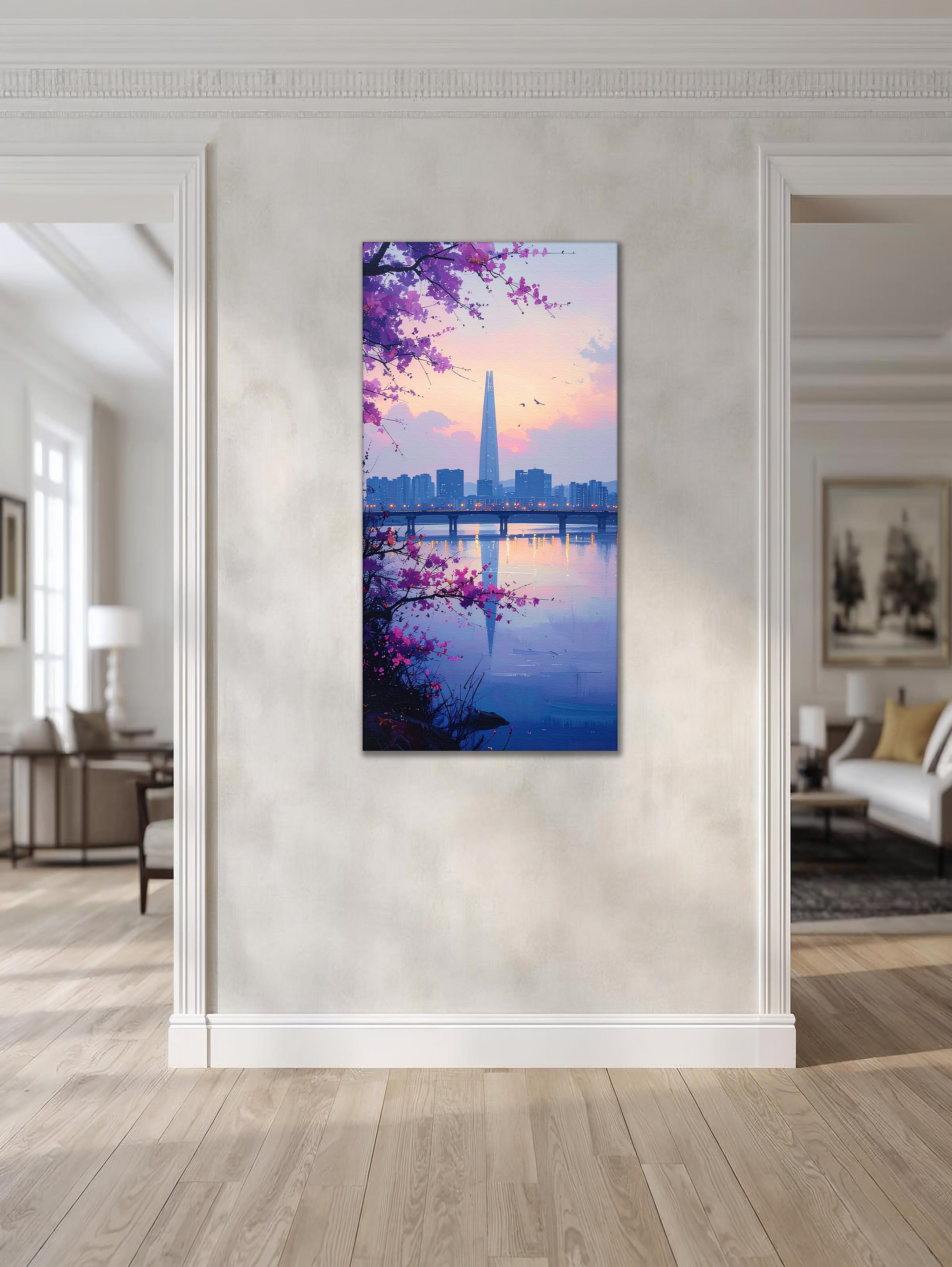 Twilight Blossoms over Seoul Skyline (Portrait Canvas Edition)