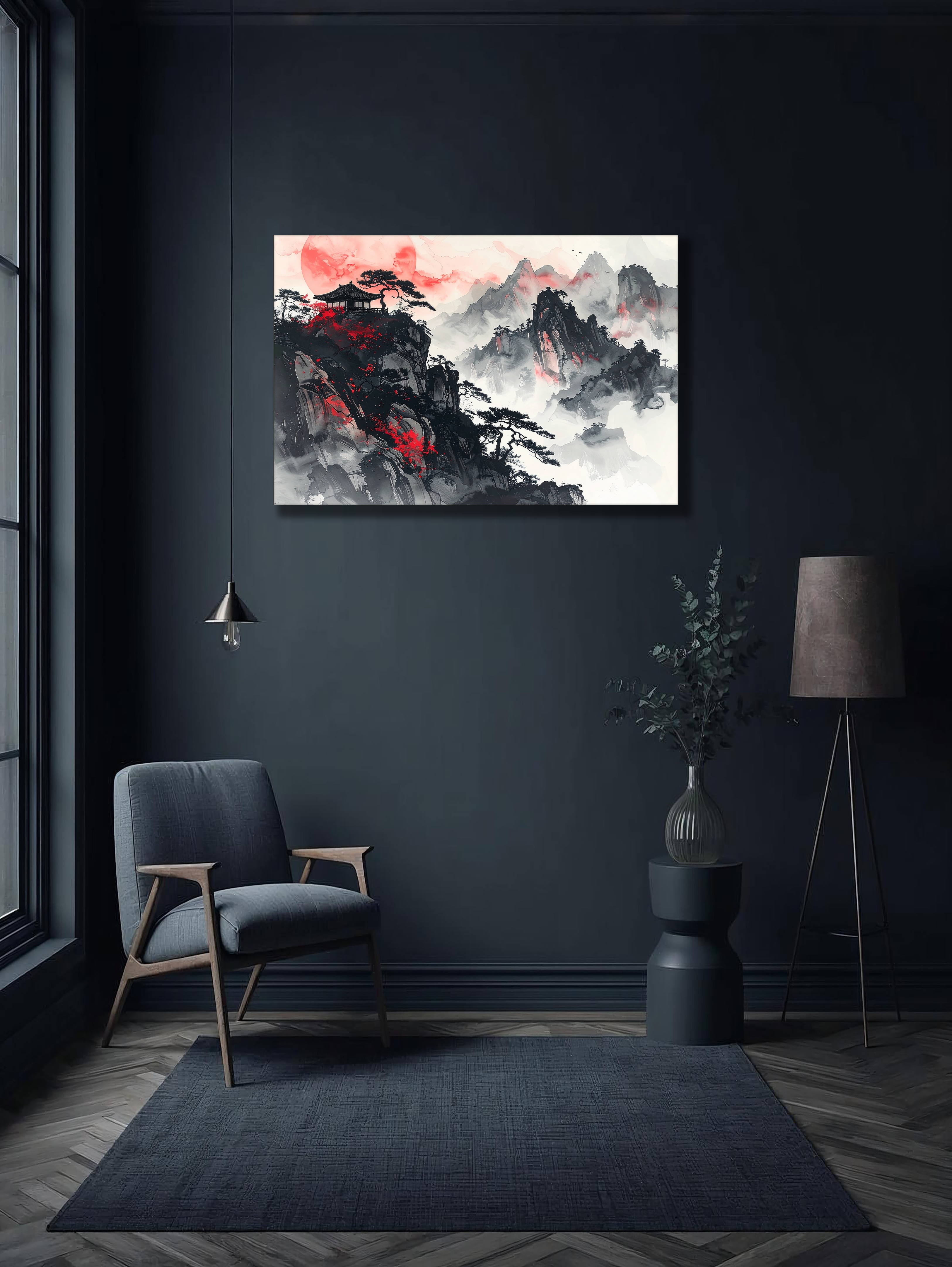 Crimson Moon over Misty Peaks – Korean Mountain Landscape Canvas Art