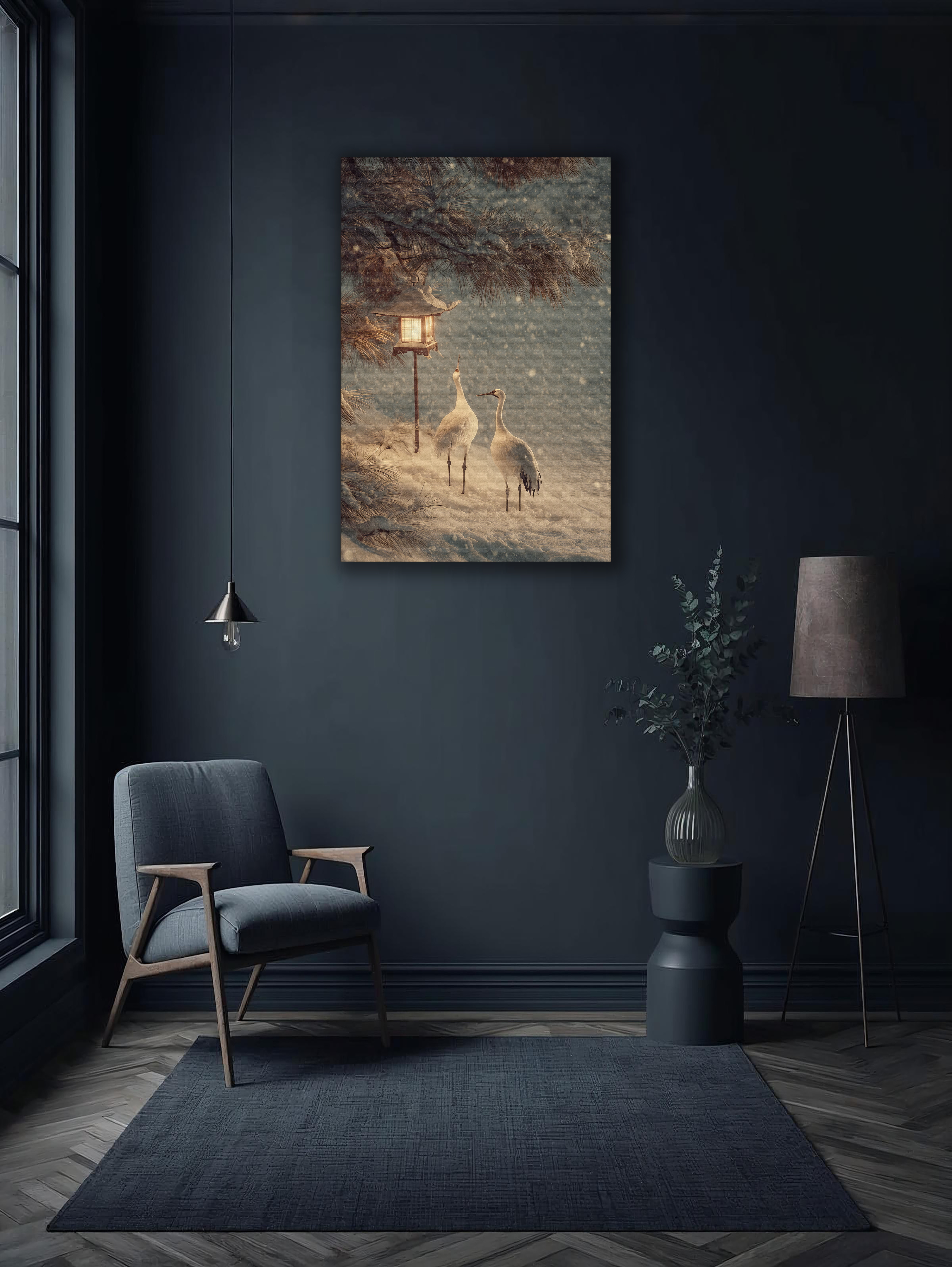 Korean Winter Crane Lantern Canvas Art | Snowy Pine Scene