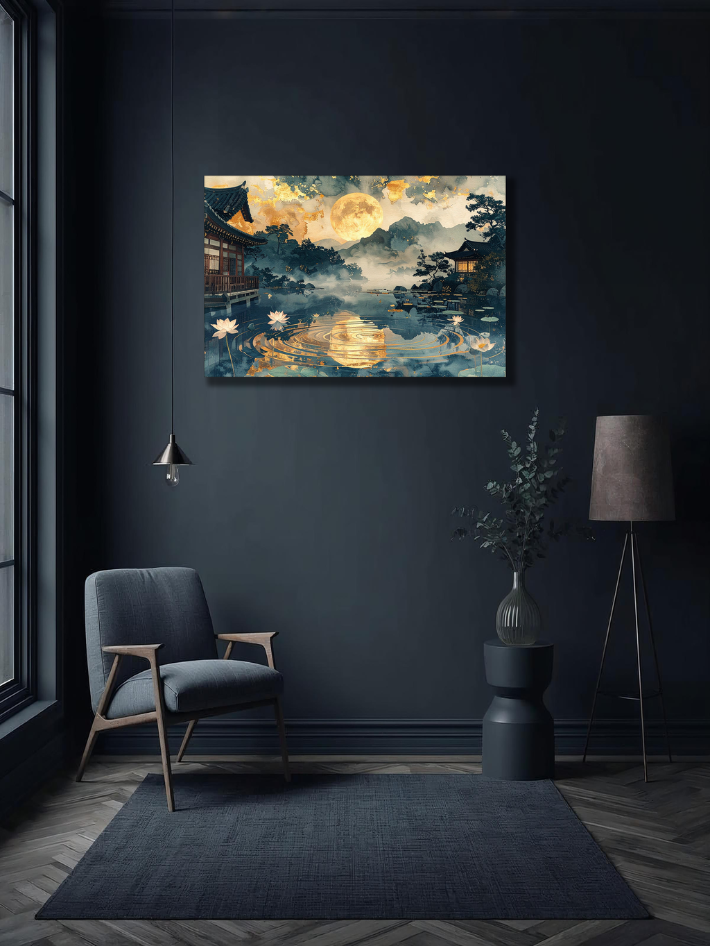 Golden Moon over Lotus Lake – Korean Hanok Moonlight Canvas Art