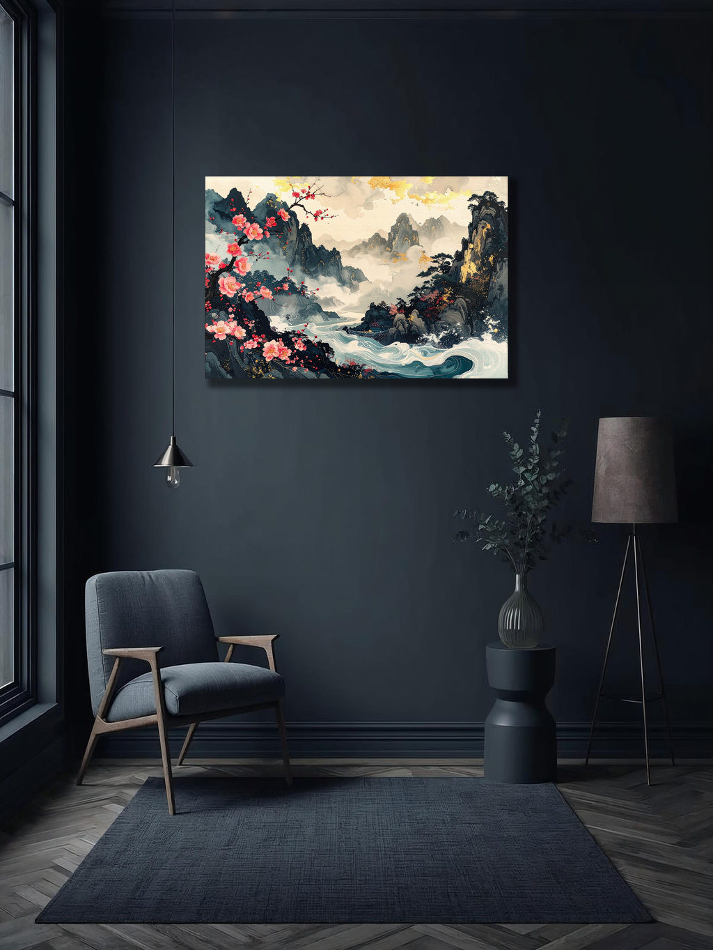 Bloom of Spring over Misty Mountains – Korean Plum Blossom Landscape Canvas Art