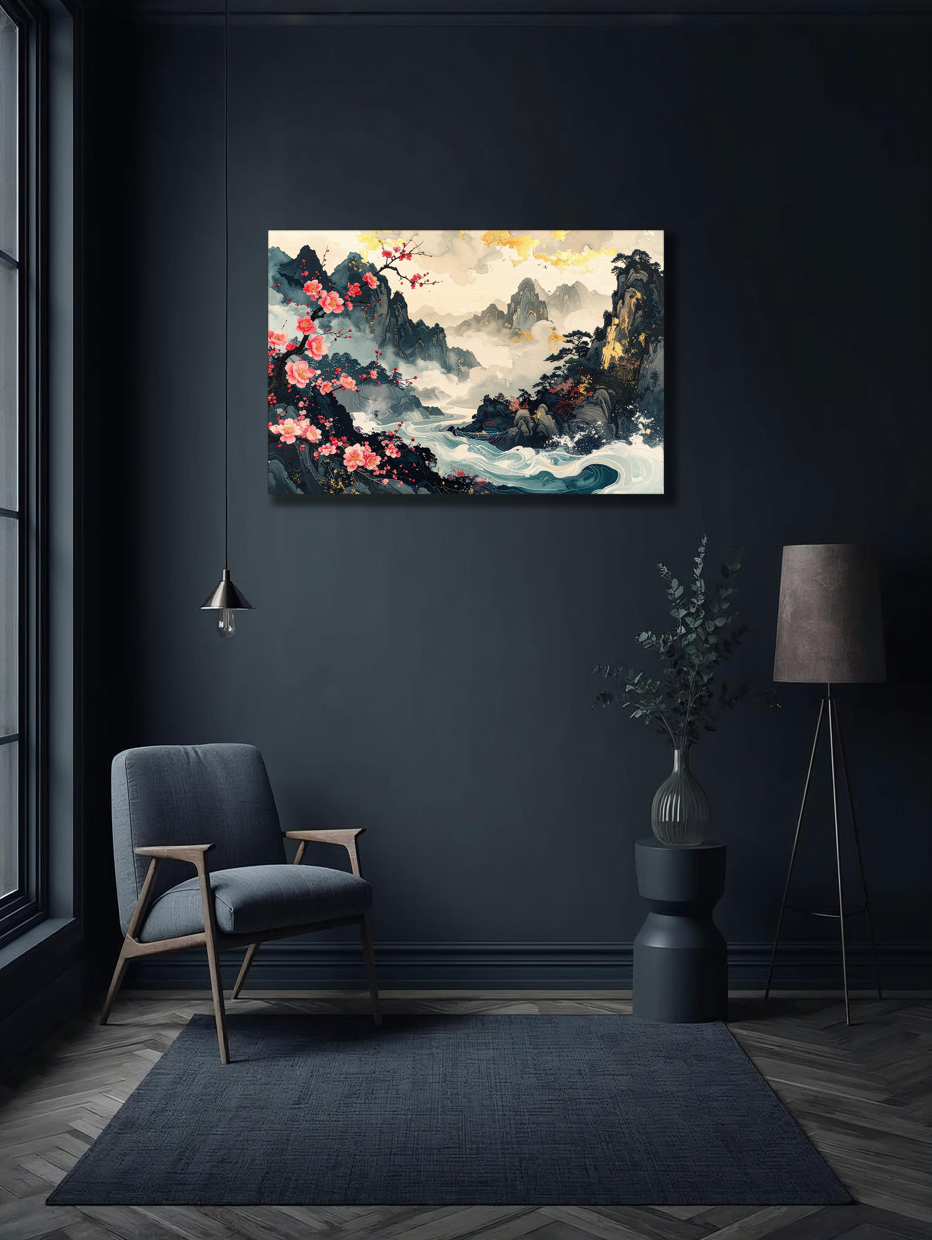 Bloom of Spring over Misty Mountains – Korean Plum Blossom Landscape Canvas Art