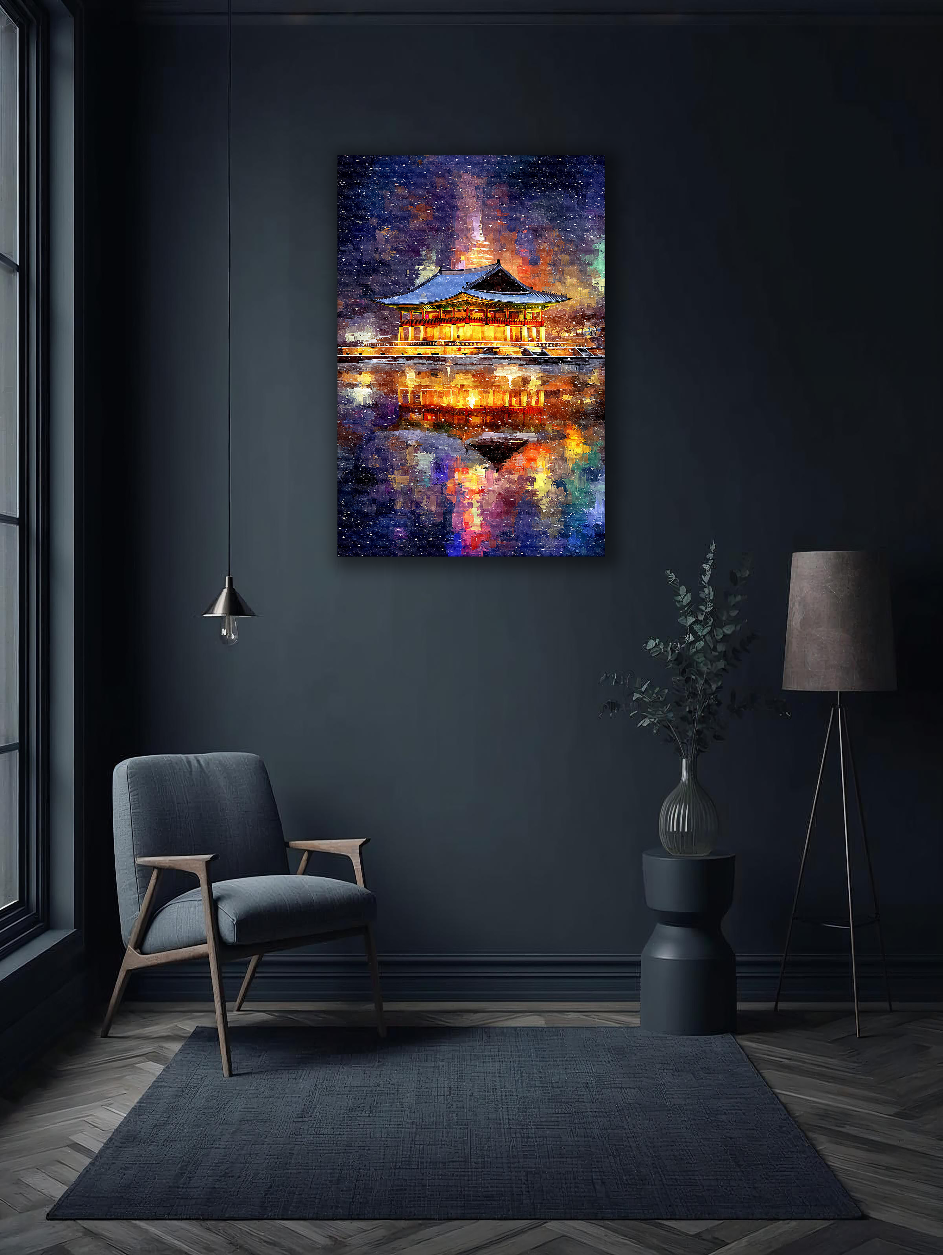 Korean Illuminated Pavilion Canvas Art | Snowy Lakeside Night