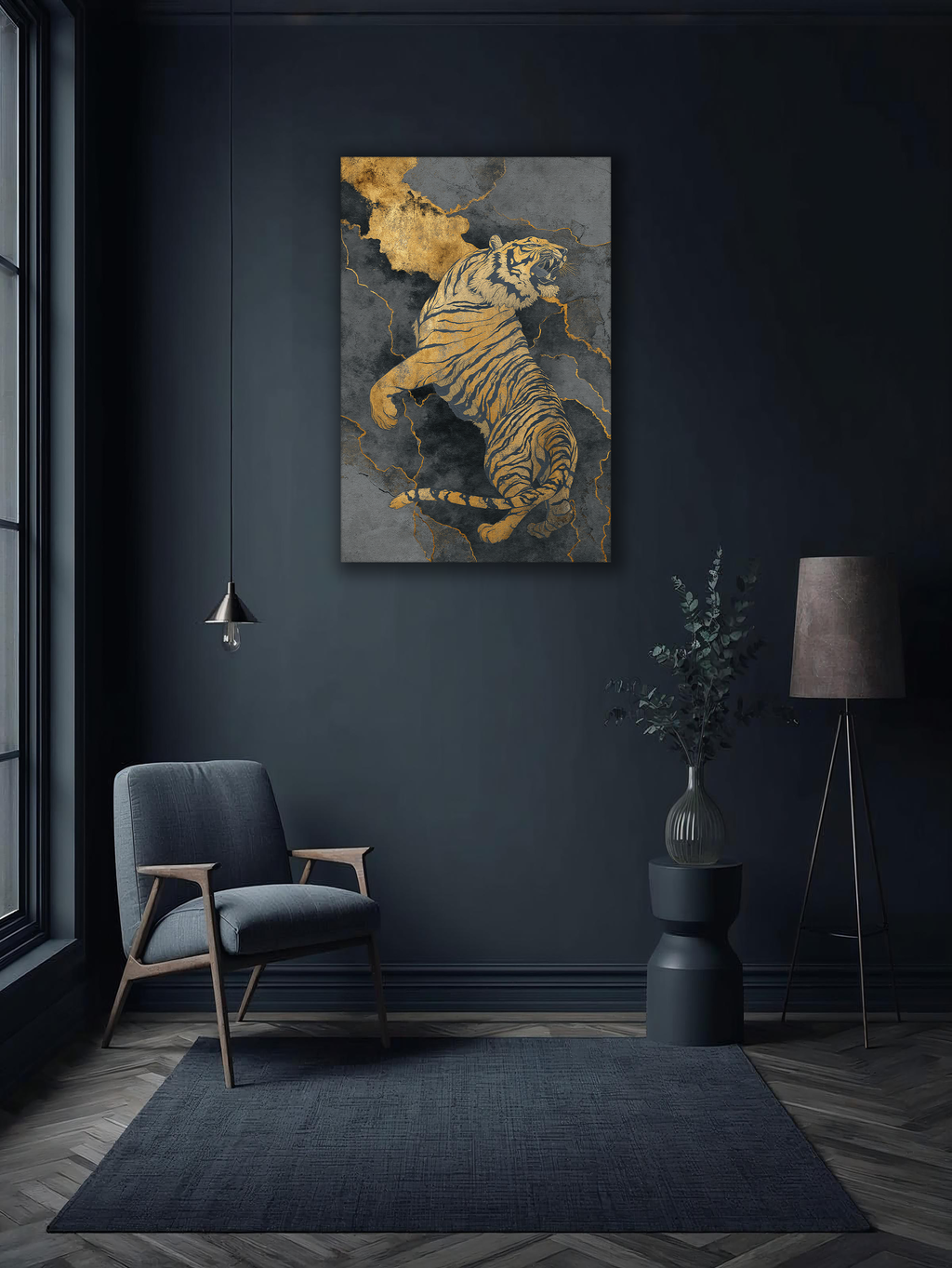 Korean Gold Tiger Canvas Art | Luxury Dark Marble Style