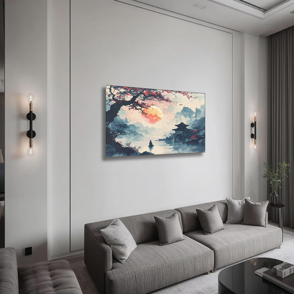 Crimson Moon over the Pavilion – Korean Landscape Canvas Art