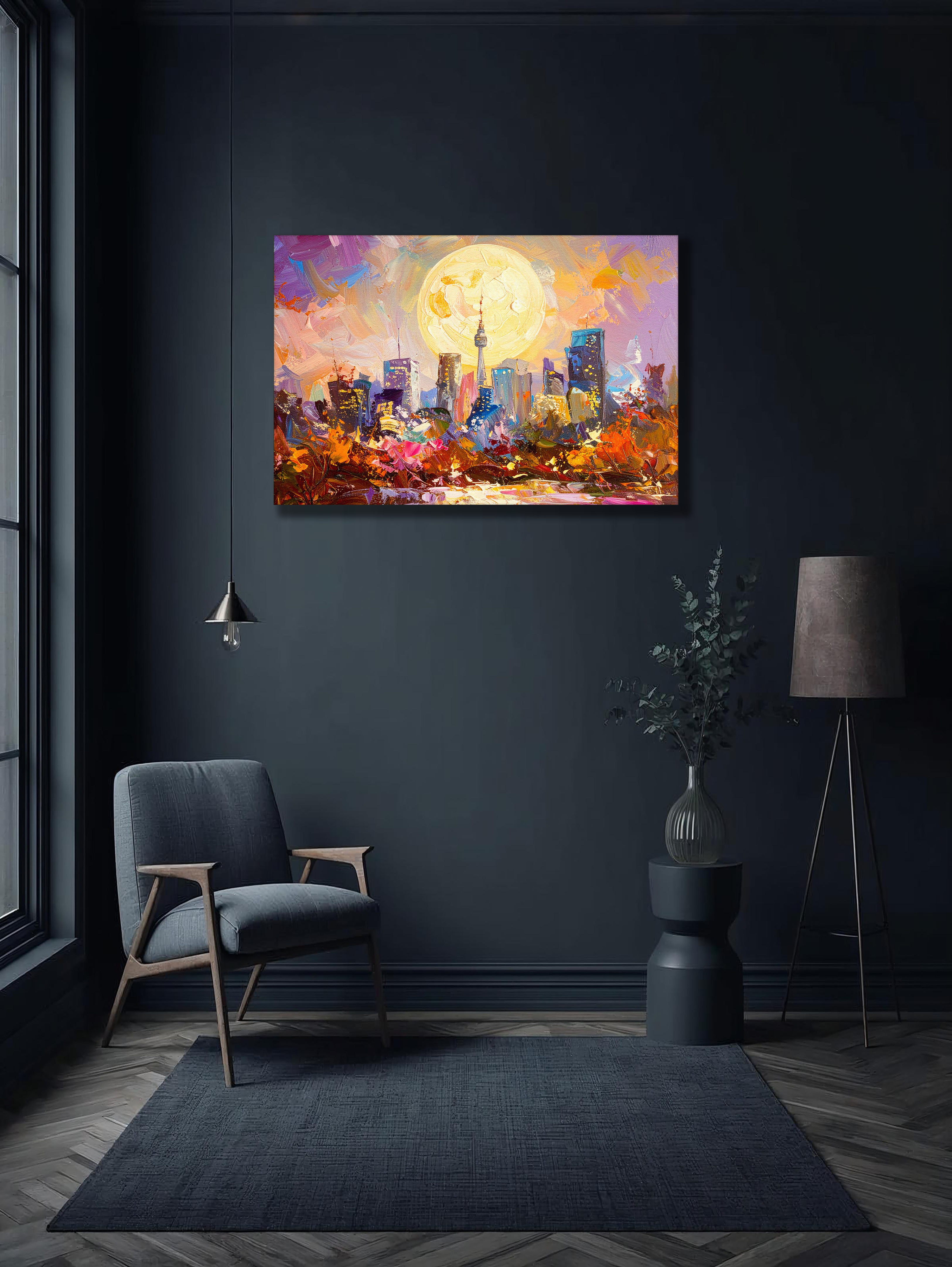 Seoul in Golden Moonlight – Abstract Korean Cityscape Canvas Art