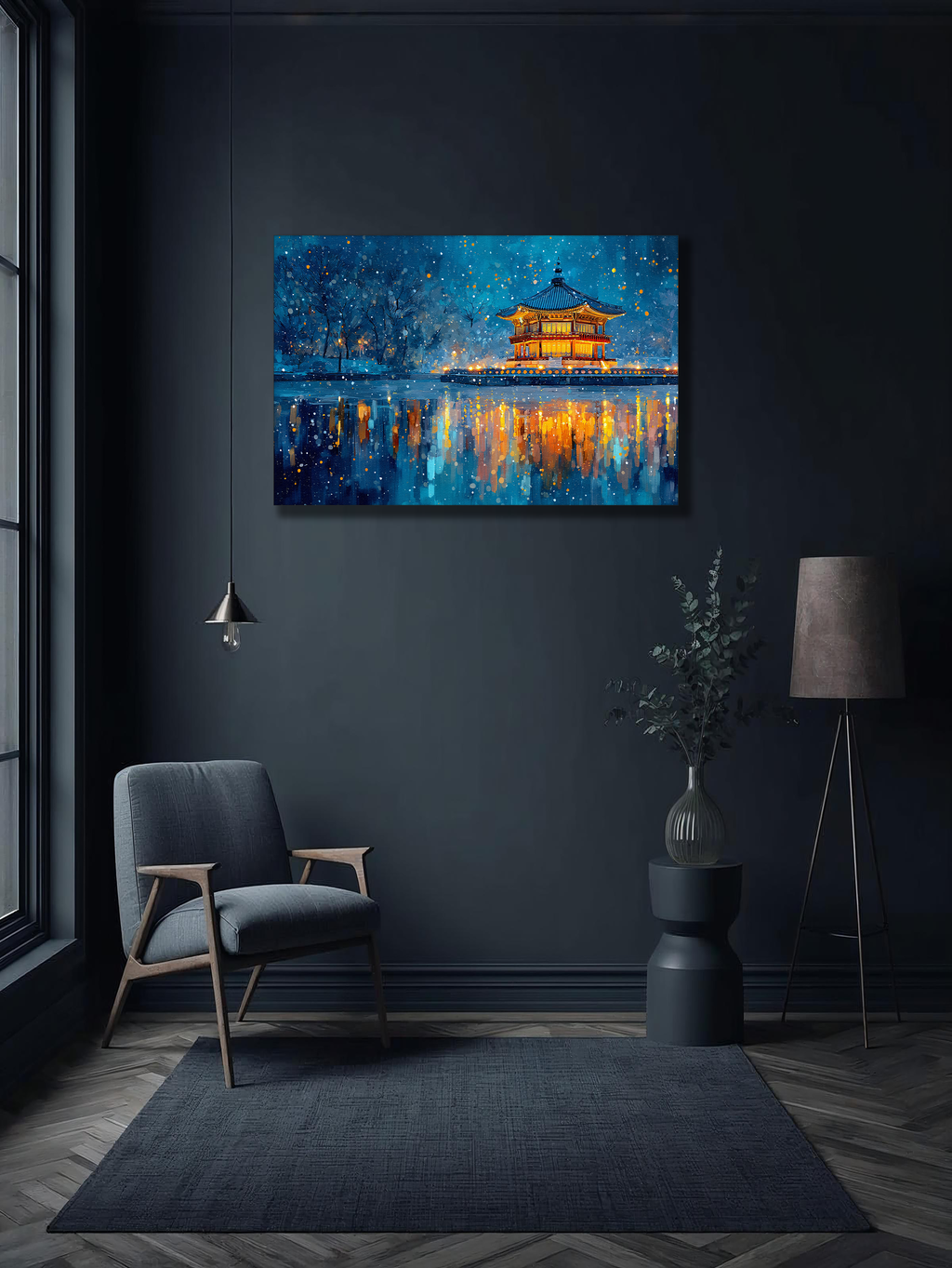 Korean Winter Pavilion Canvas Art | Night Lake Reflection