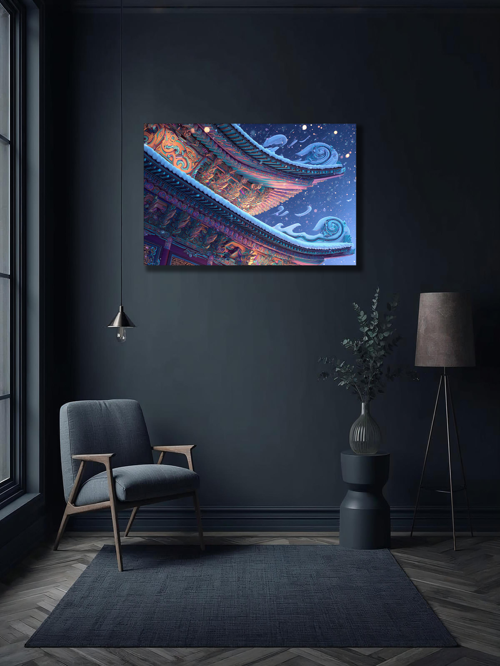 Korean Winter Temple Roof Canvas Art | Snowy Dancheong Night