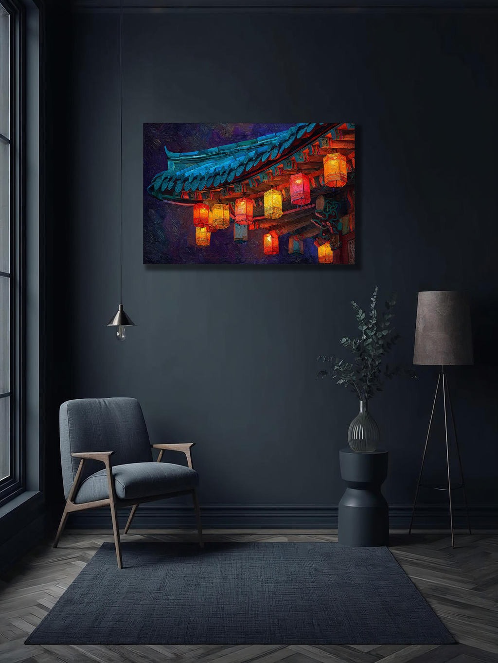 Korean Lantern Night Canvas Art | Temple Roof Glow
